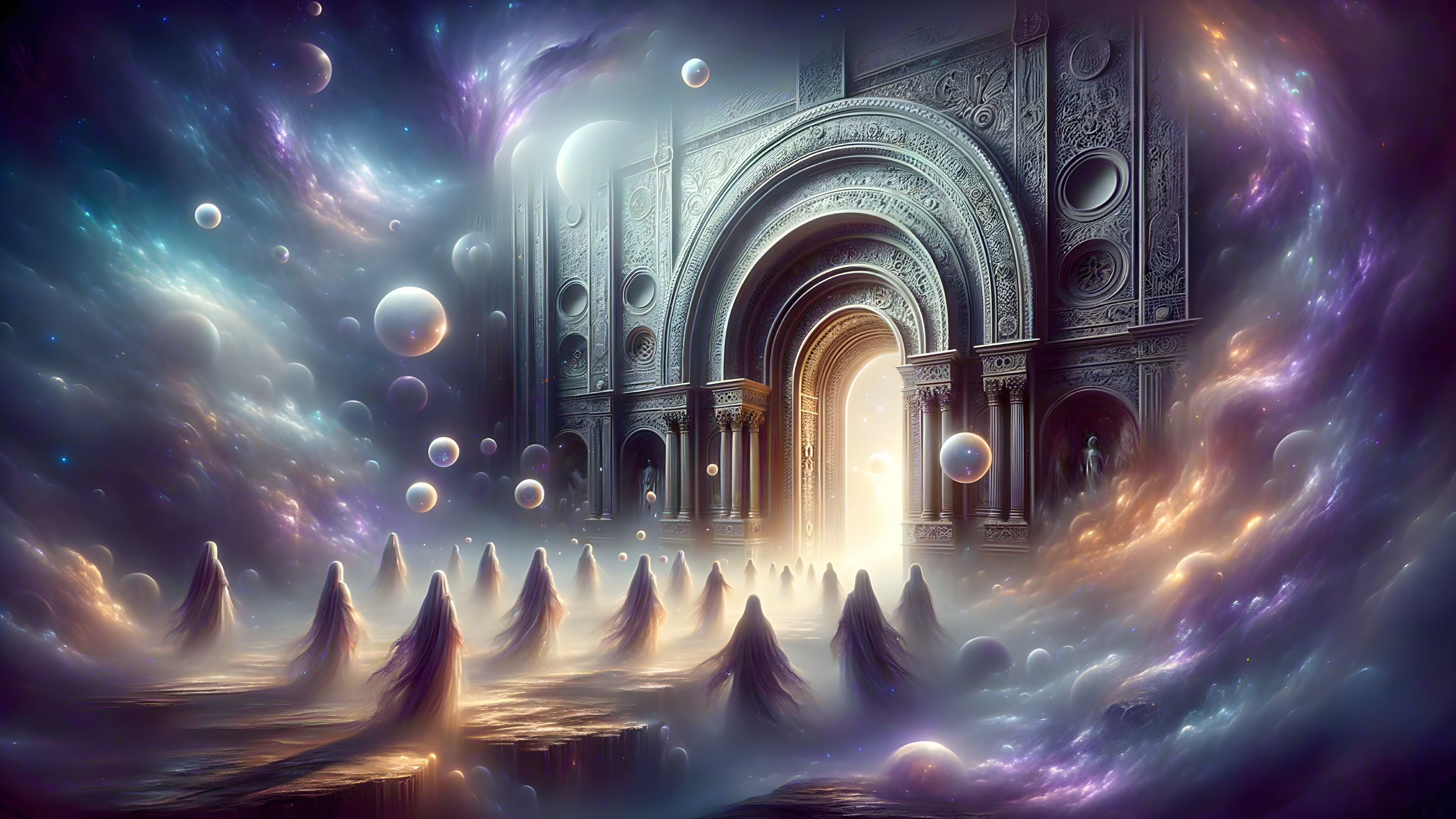 Surreal Landscape with Ornate Archway and Cosmic Elements