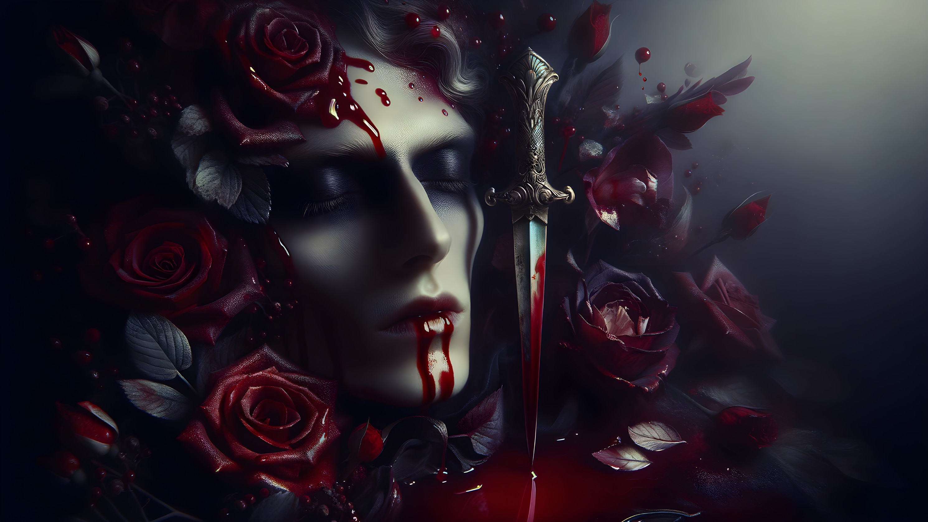 Haunting Figure Surrounded by Dark Red Roses and Dagger