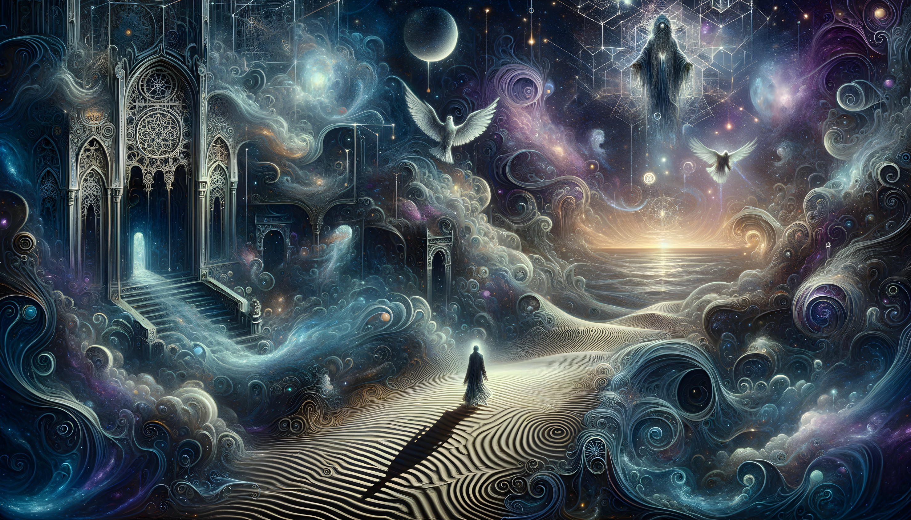 Surreal Cosmic Landscape with Ethereal Figures and Light