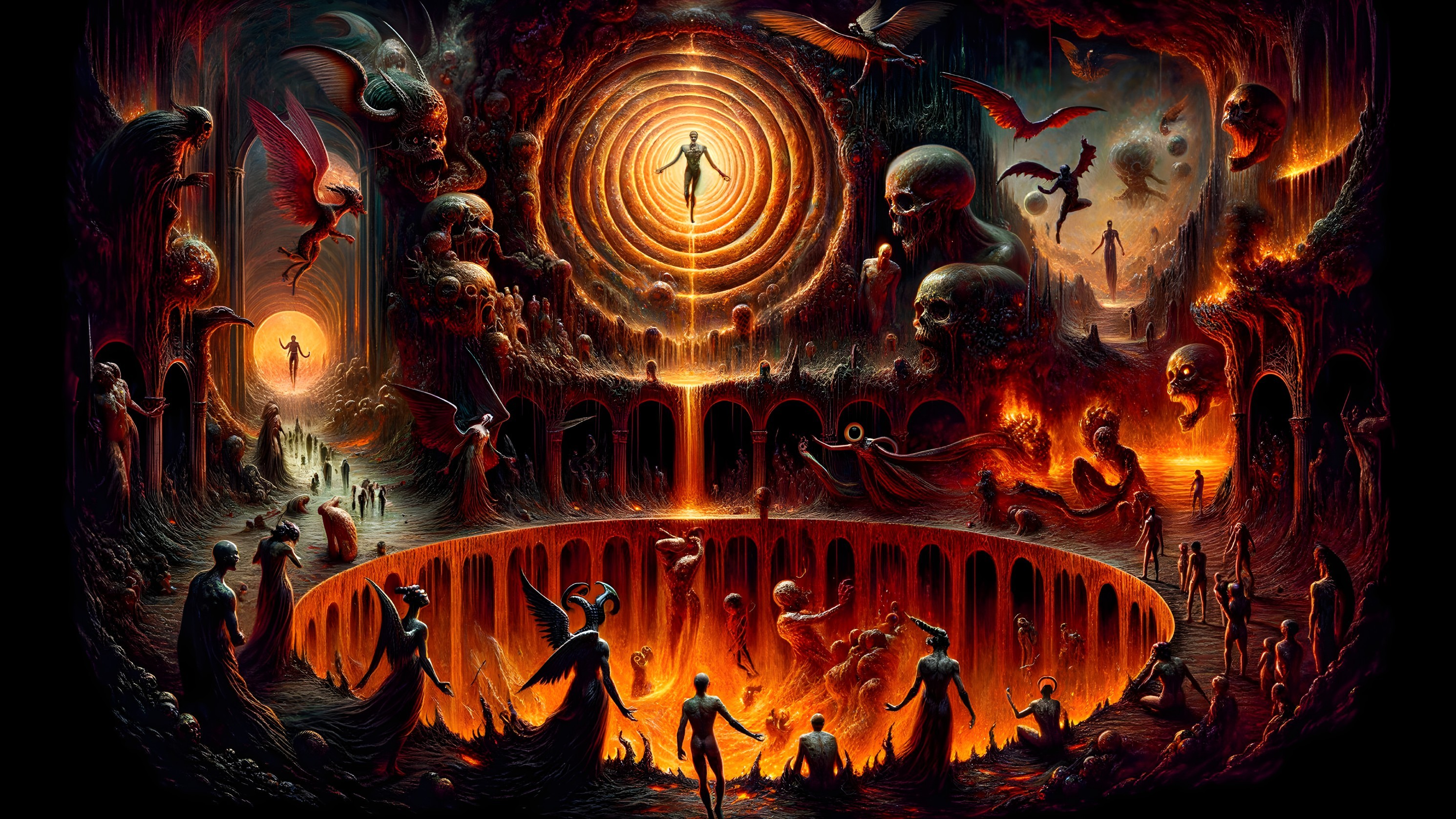 Surreal Hellish Landscape with Flames and Dark Figures