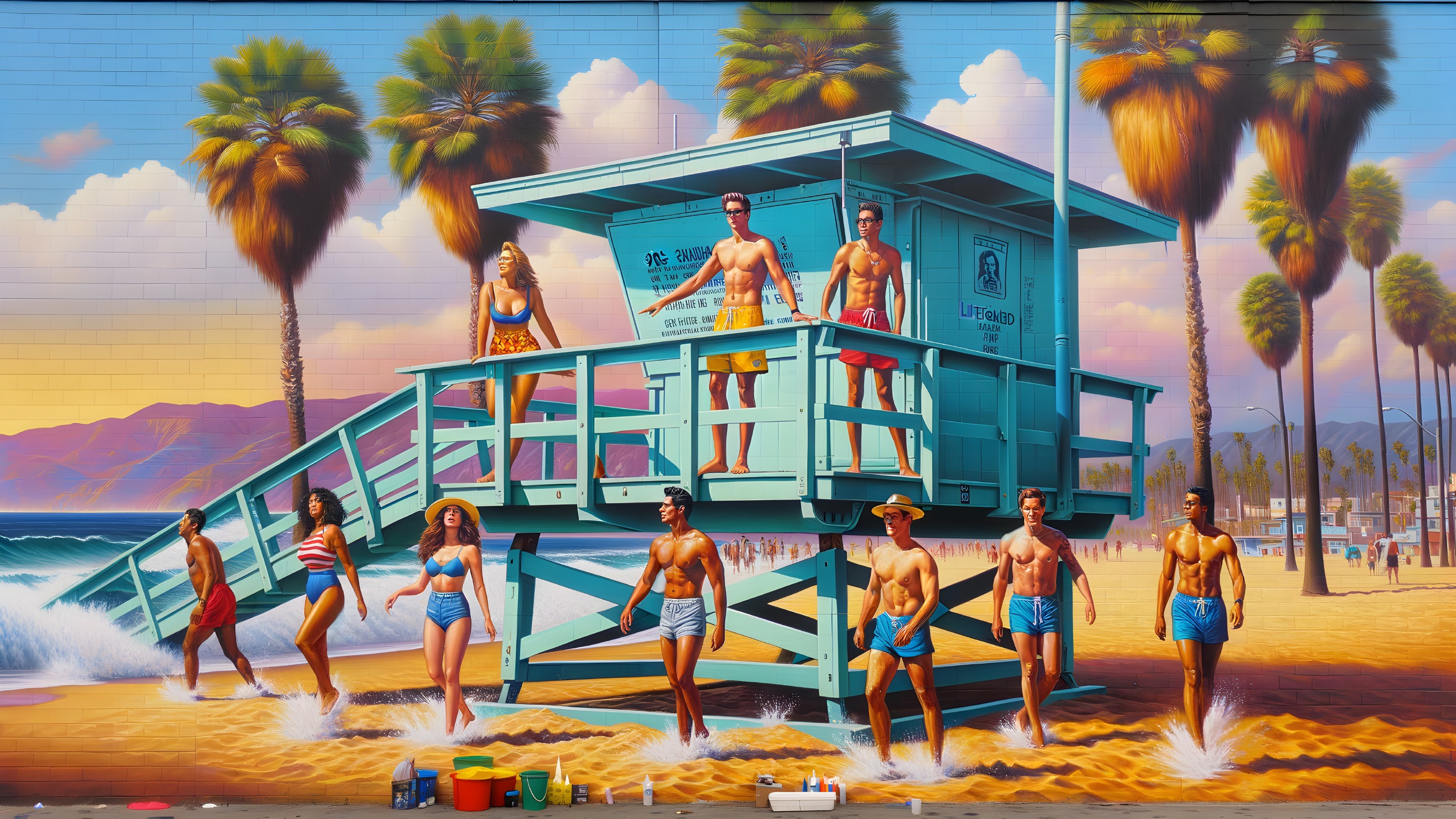 Vibrant Mural of Lifeguards at a Beach Sunset Scene