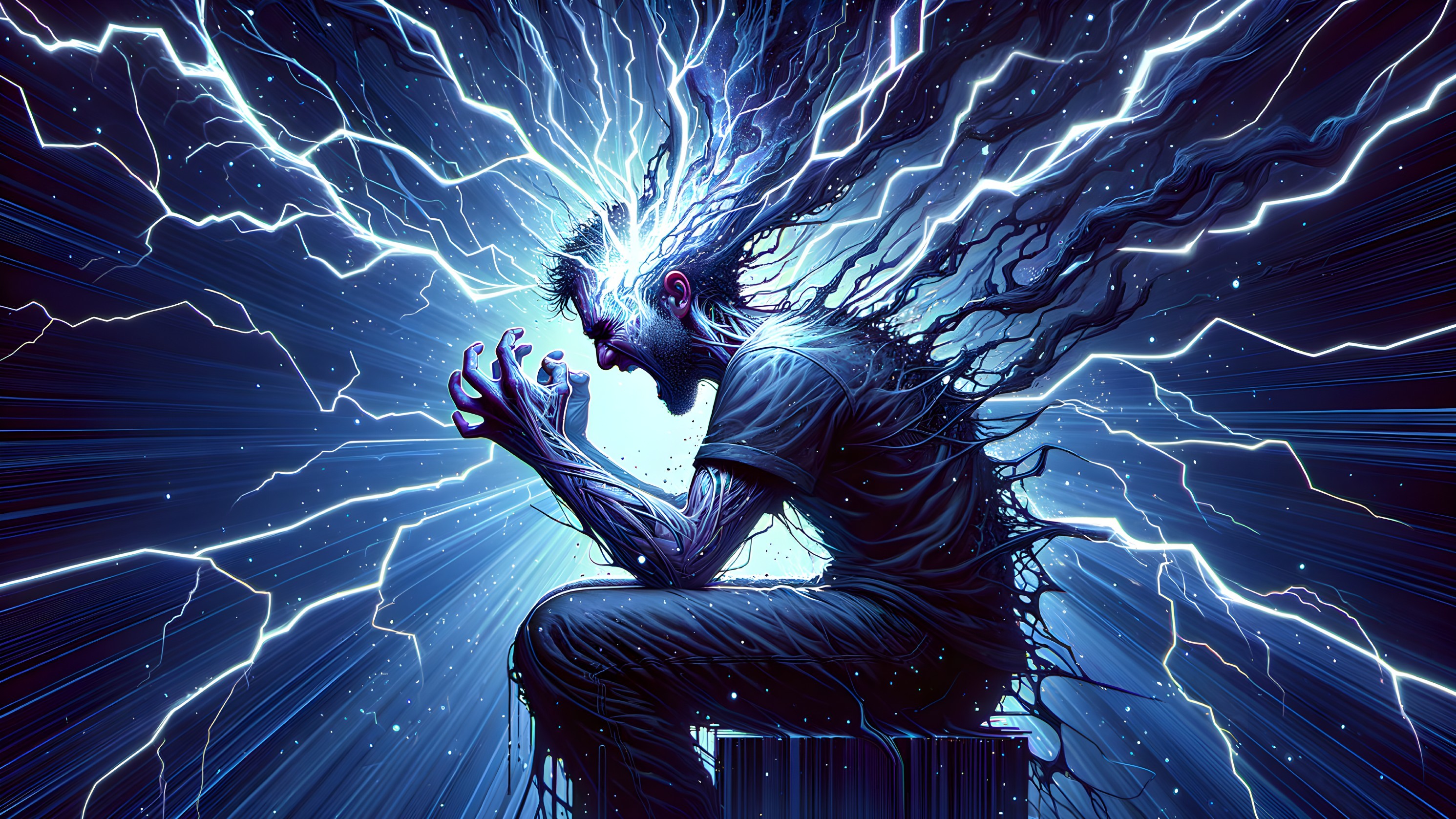 Dynamic Figure Surrounded by Electric Blue Lightning