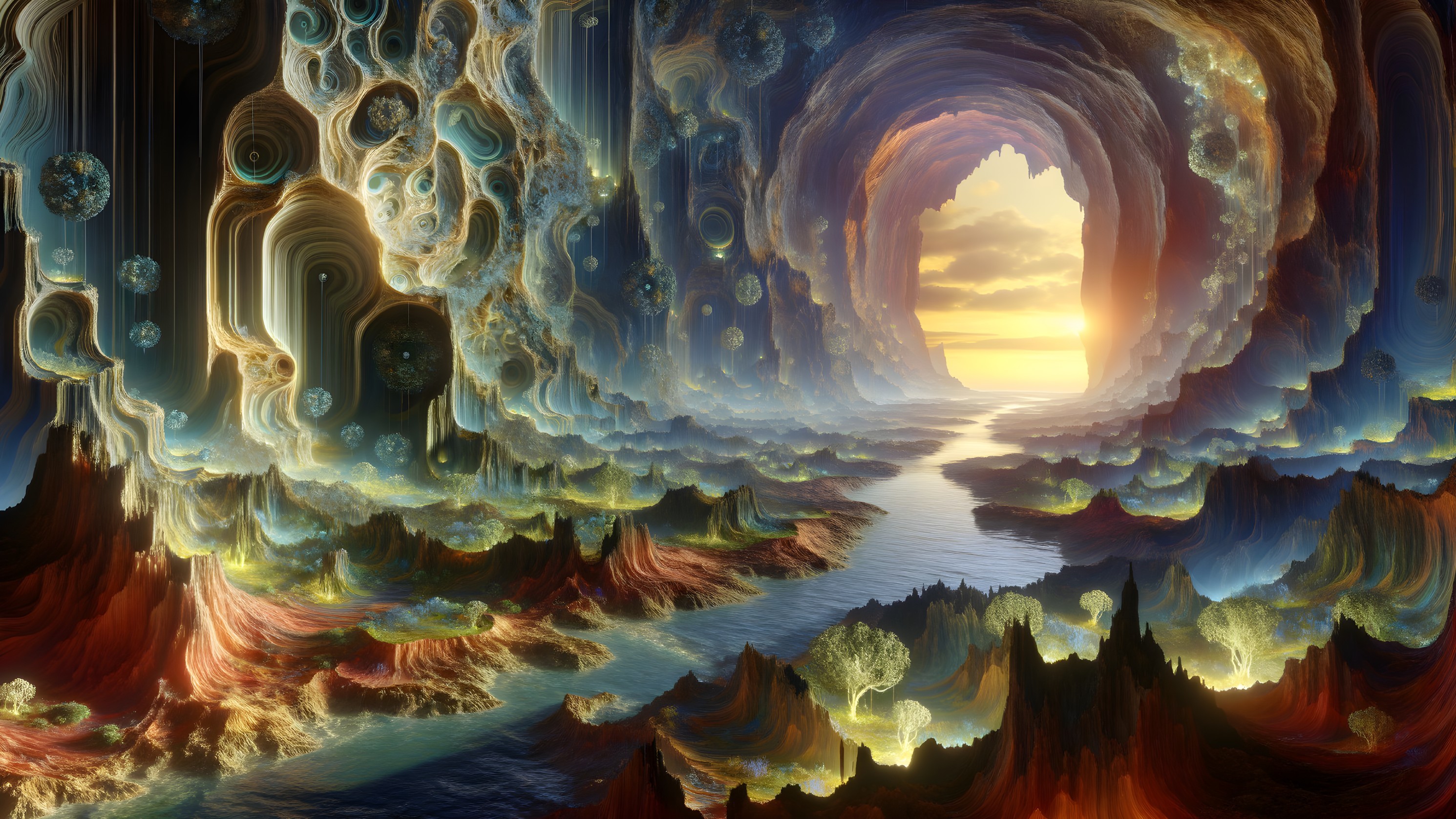 Surreal Landscape with Vibrant Colors and Ethereal Trees