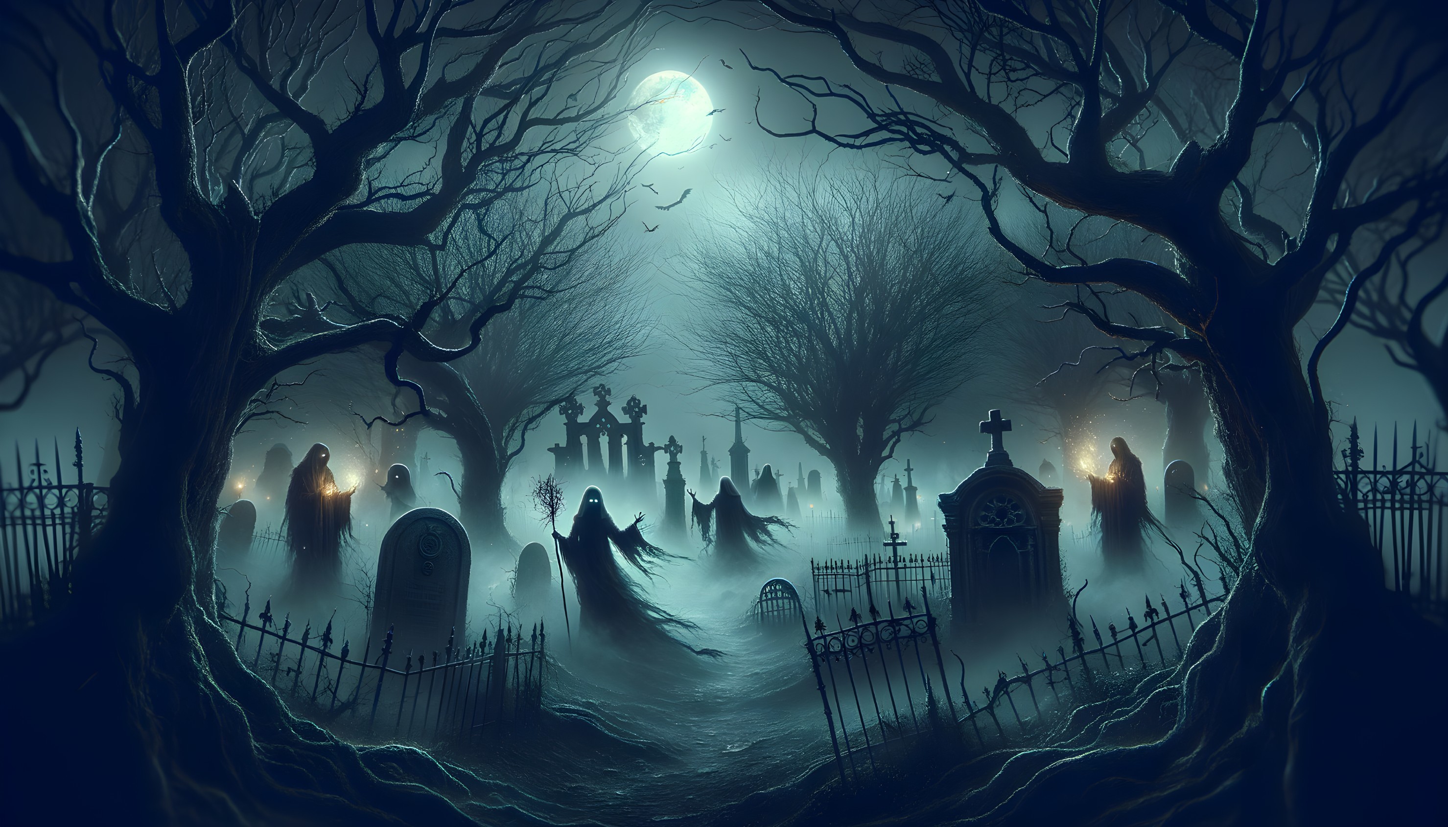 Haunting Graveyard Scene Under Full Moonlight