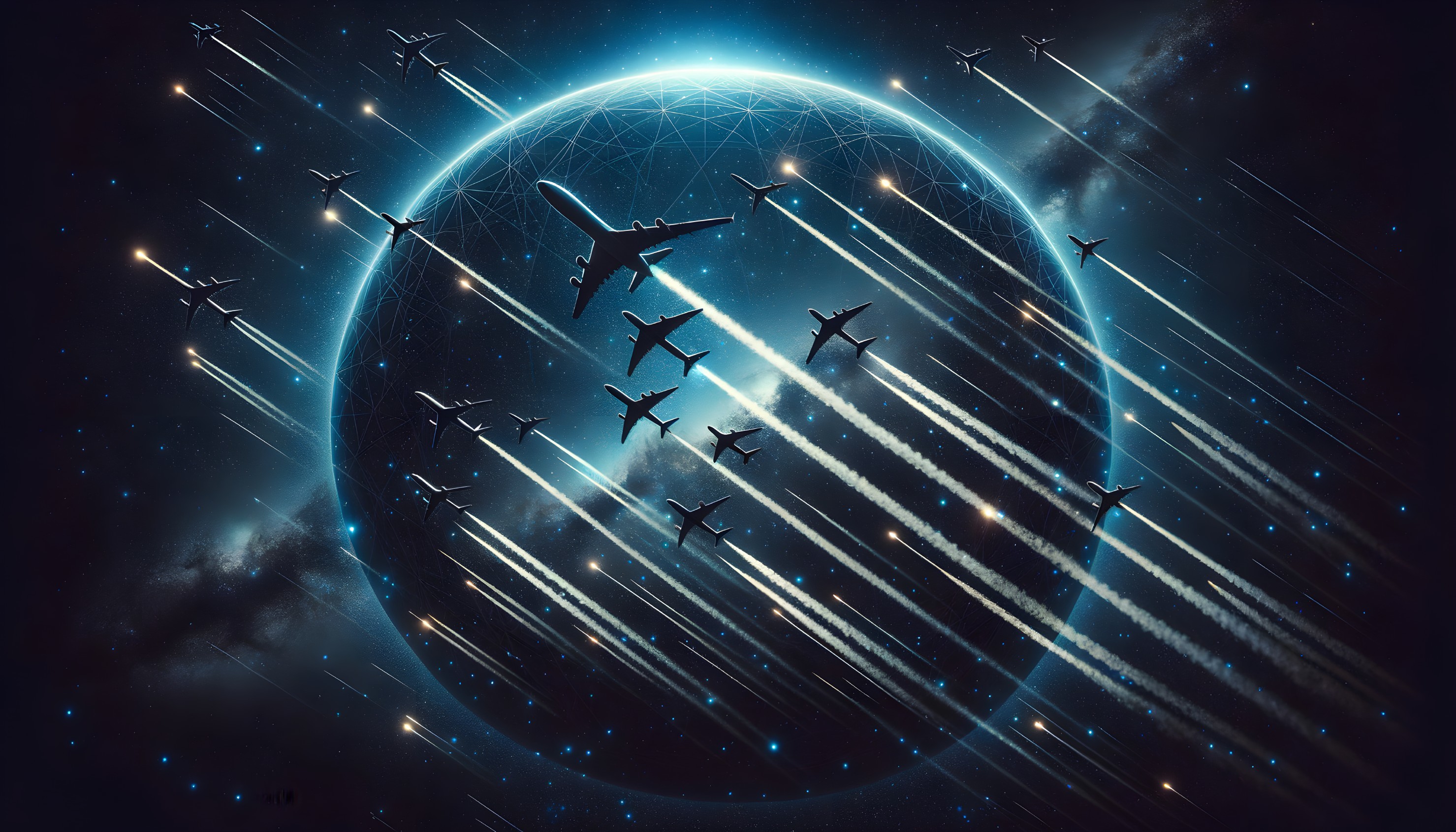 Cosmic Scene with Glowing Planet and Aircraft Contrails