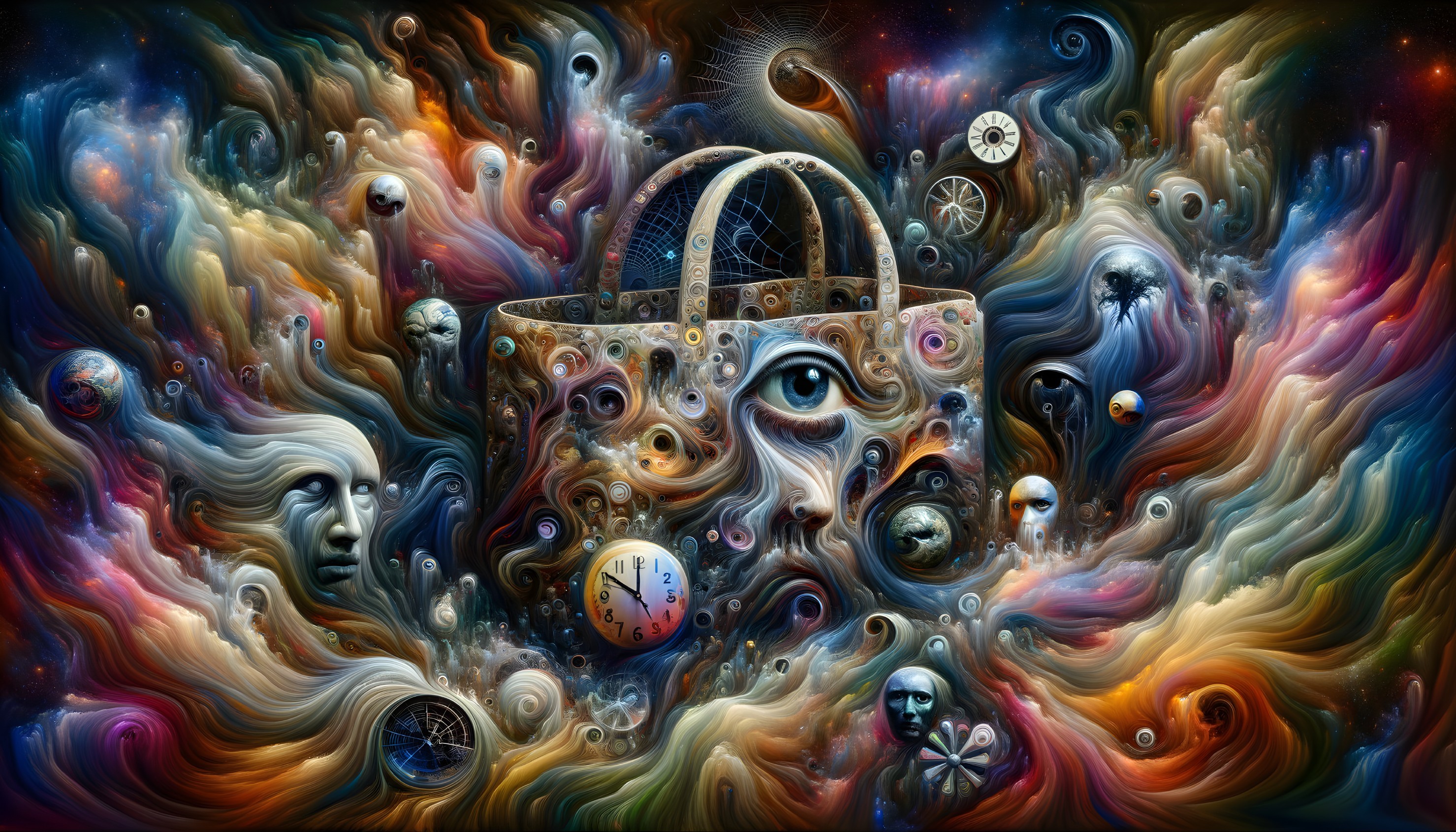 Surreal Scene of a Decorative Bag in Cosmic Clouds