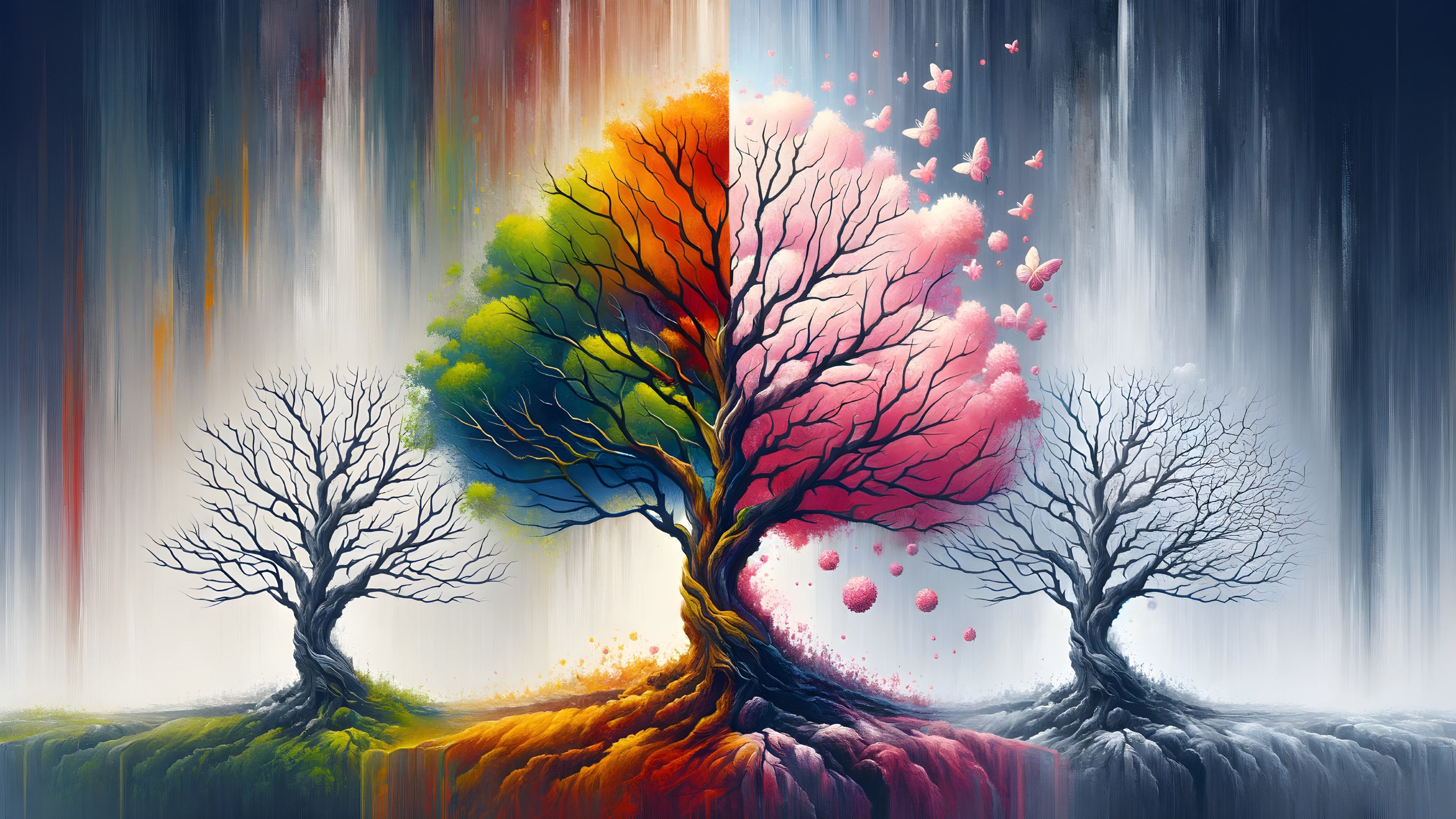 Triptych of Trees Illustrating Seasonal Changes