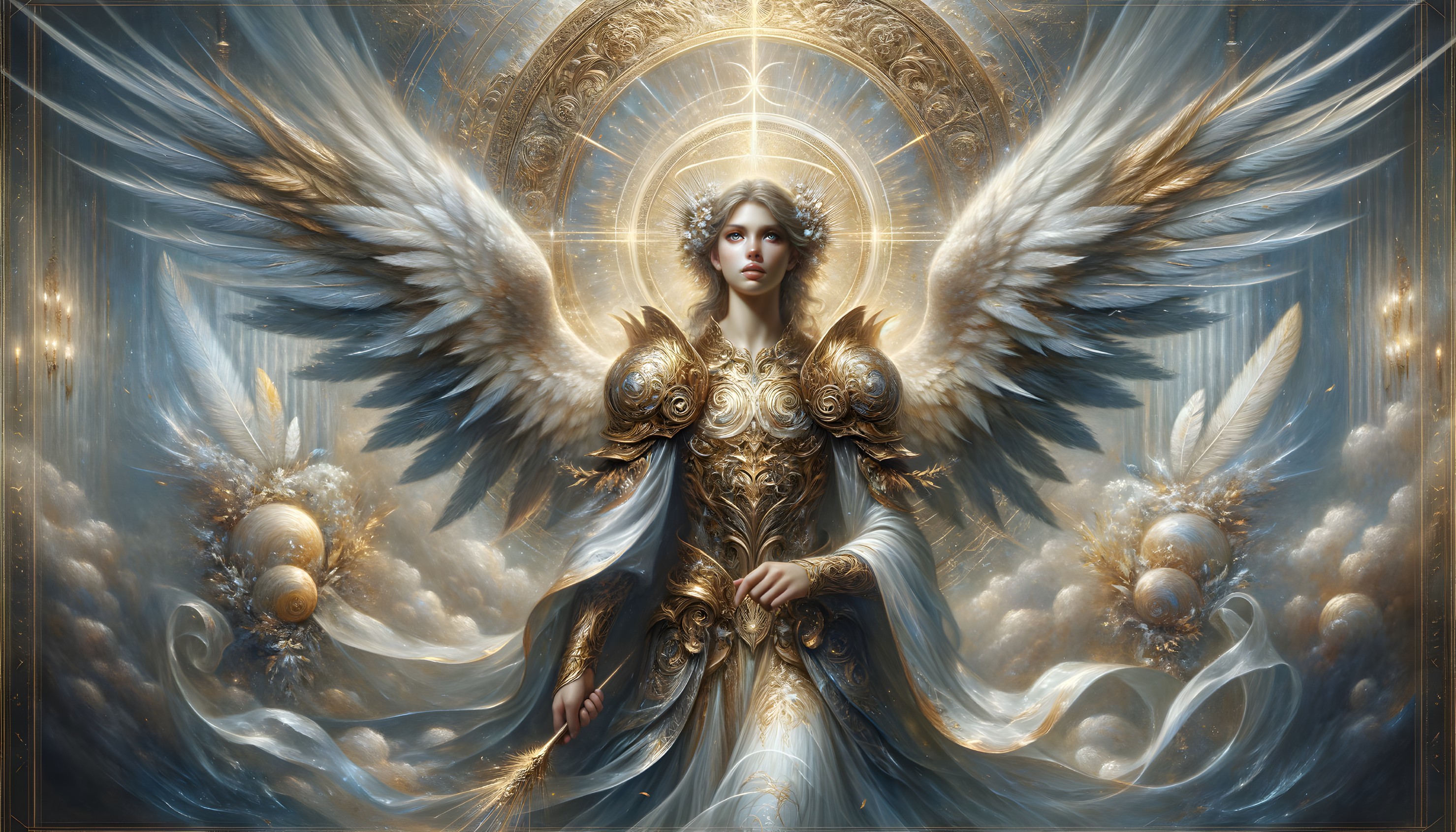 Celestial Figure in Golden Armor with Ethereal Wings