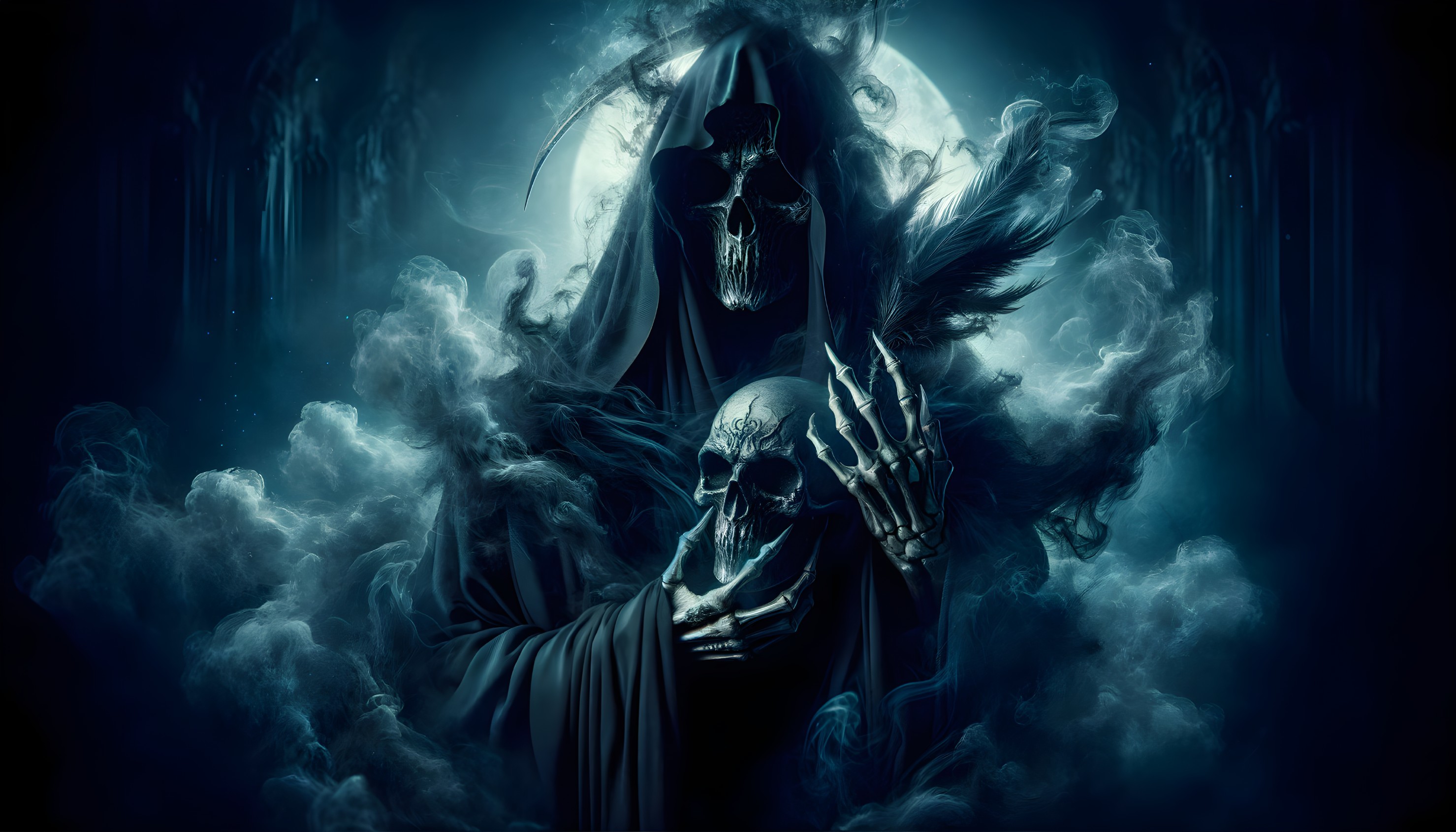 Cloaked Figure with Skull in Eerie Moonlit Scene