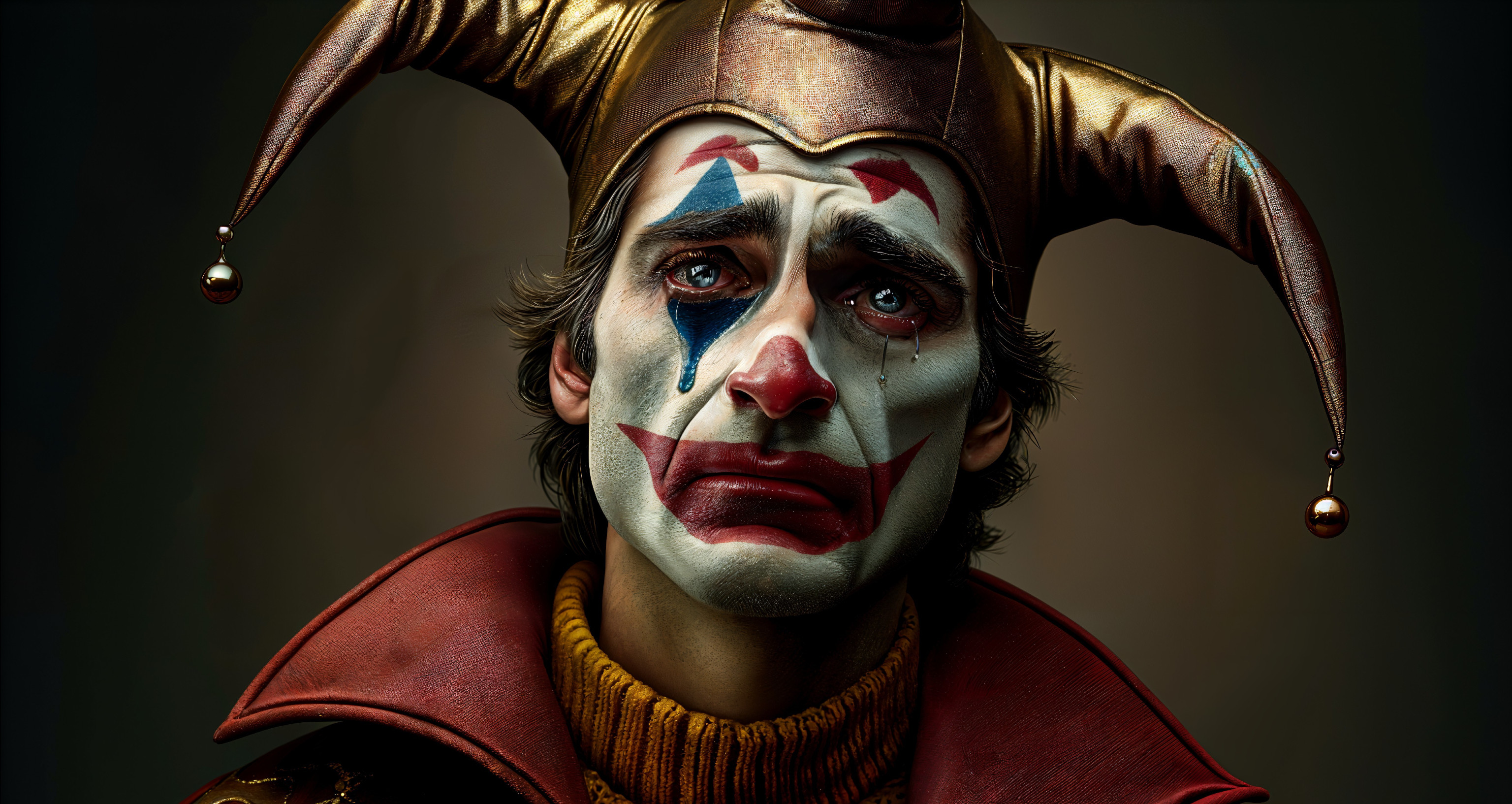 Sorrowful clown with dramatic makeup and costume details