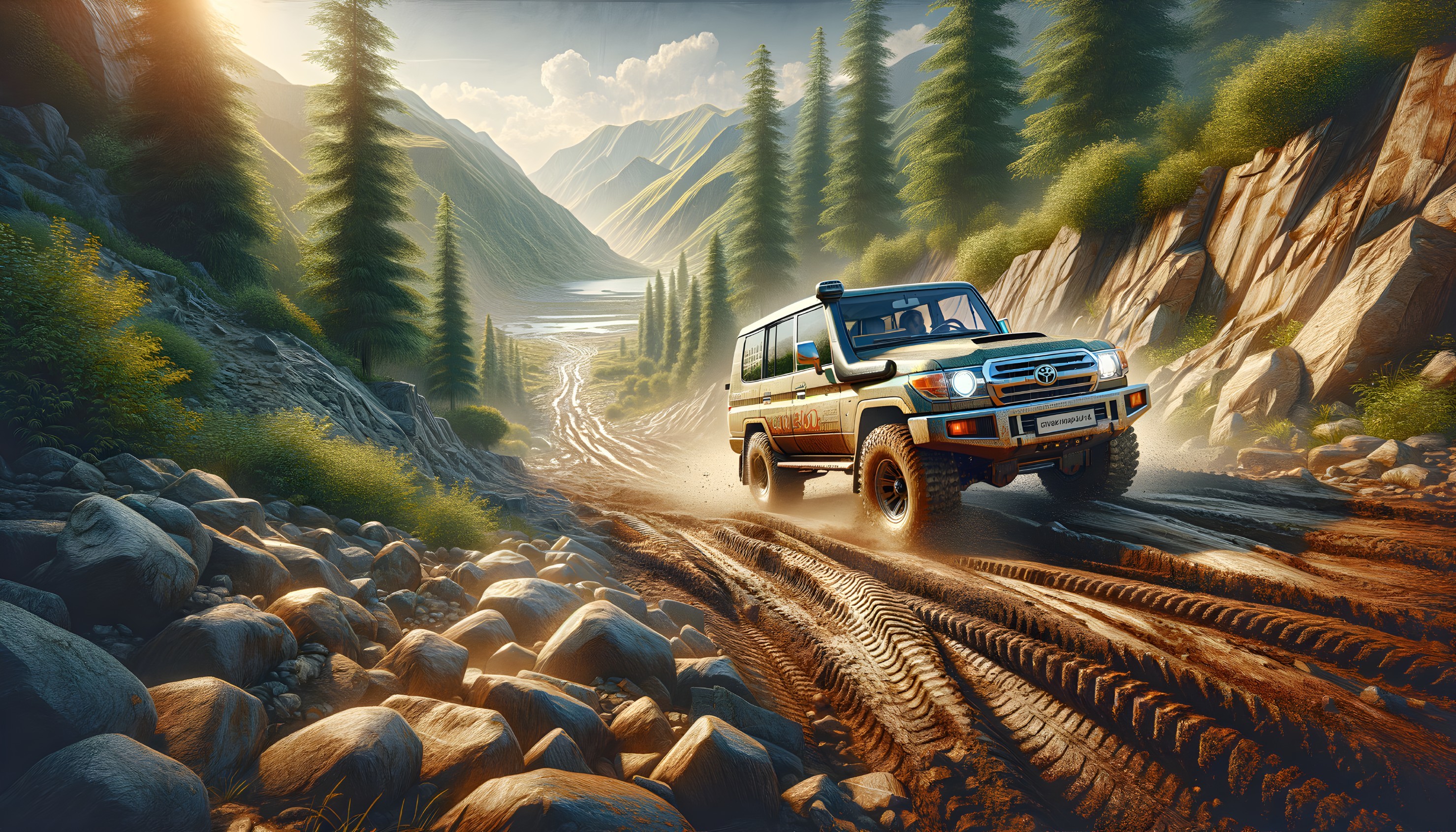 Off-Road Vehicle on Muddy Trail in Mountain Landscape