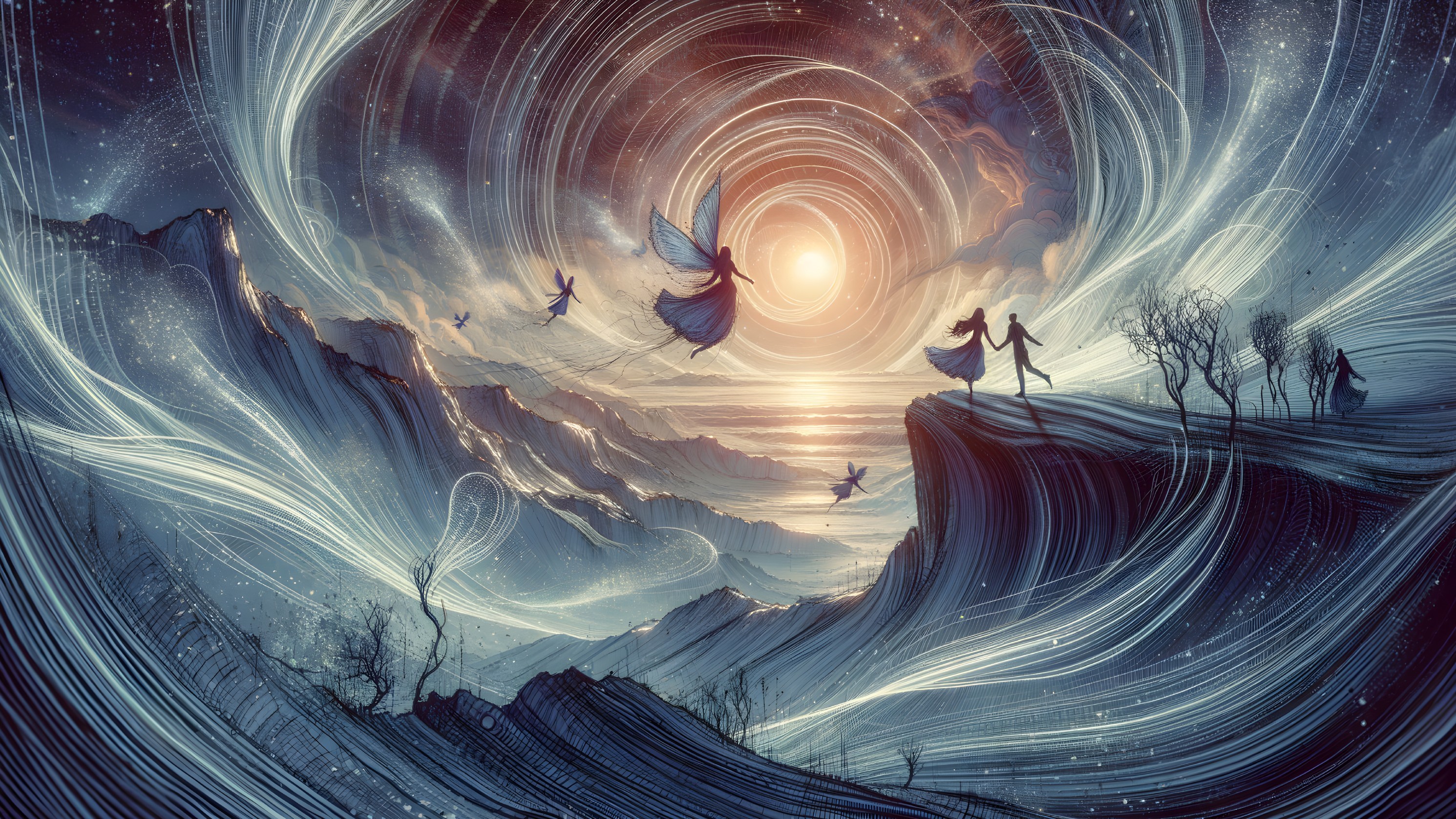 Fantastical Landscape with Cosmic Patterns and Fairies