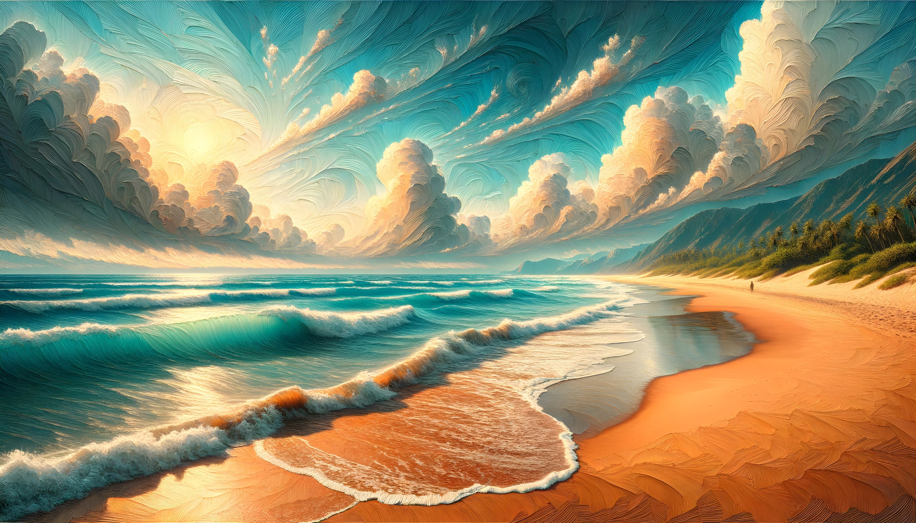 Surreal beach scene with undulating waves, whimsical cloud formation, and warm sunset