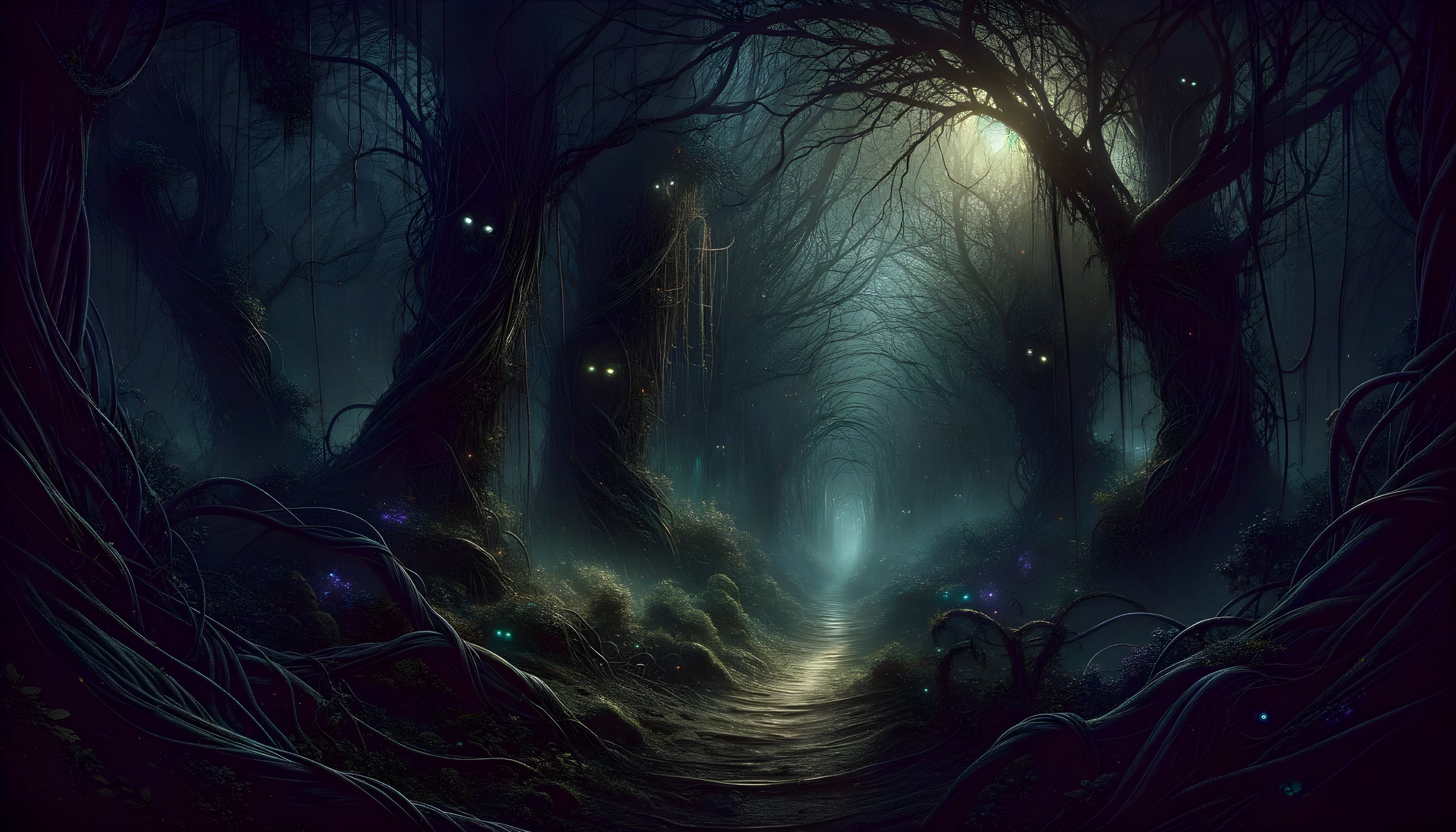 Twilight Forest with Gnarled Trees and Glowing Eyes