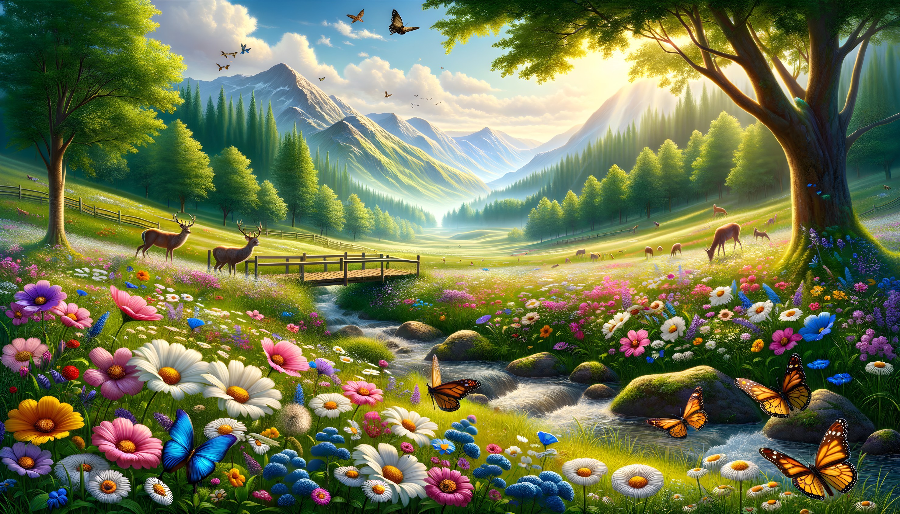 Lush Valley with Flowers, Deer, and Mountains