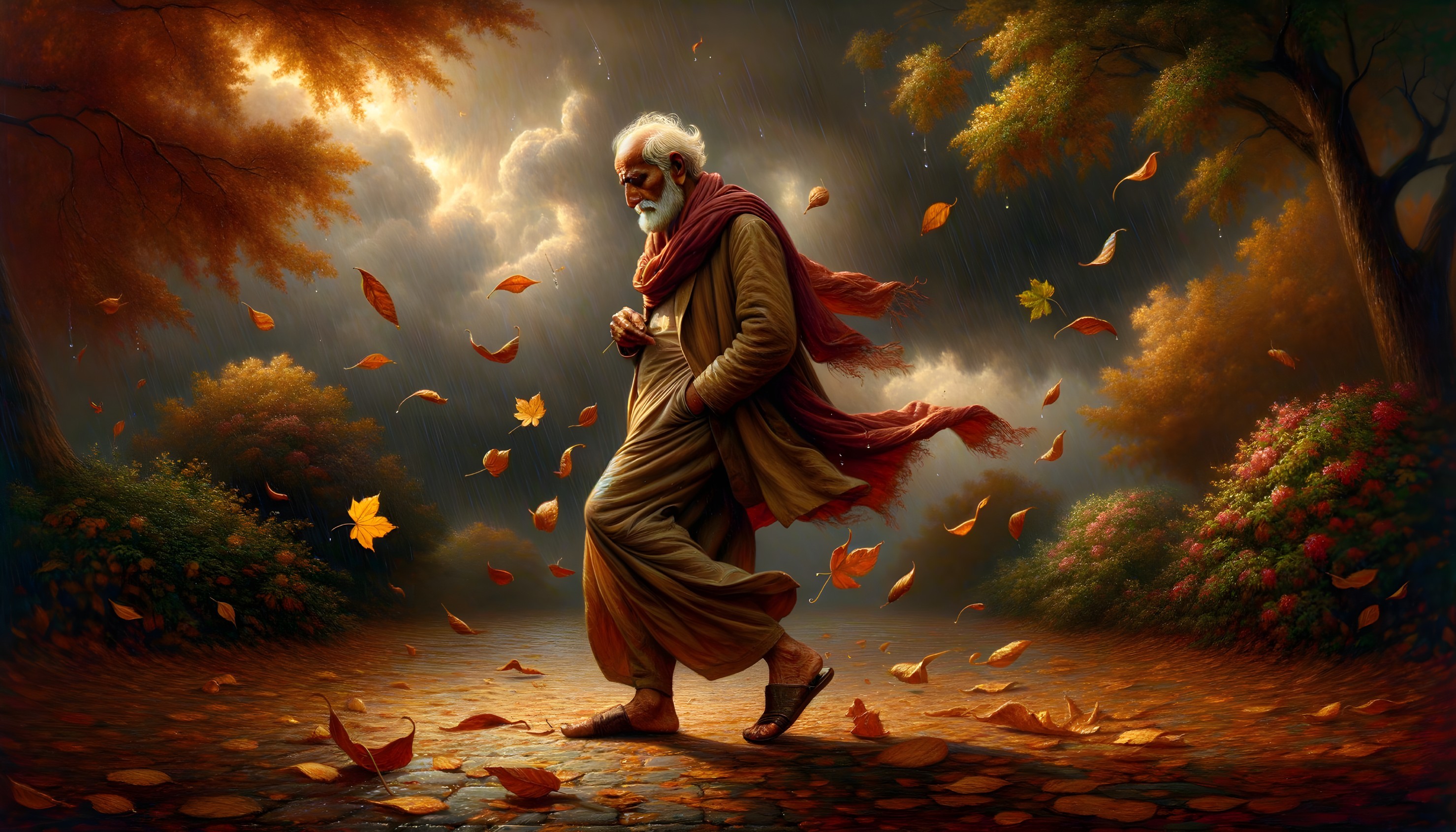 Elderly Man Walking Through Autumn Leaves Path