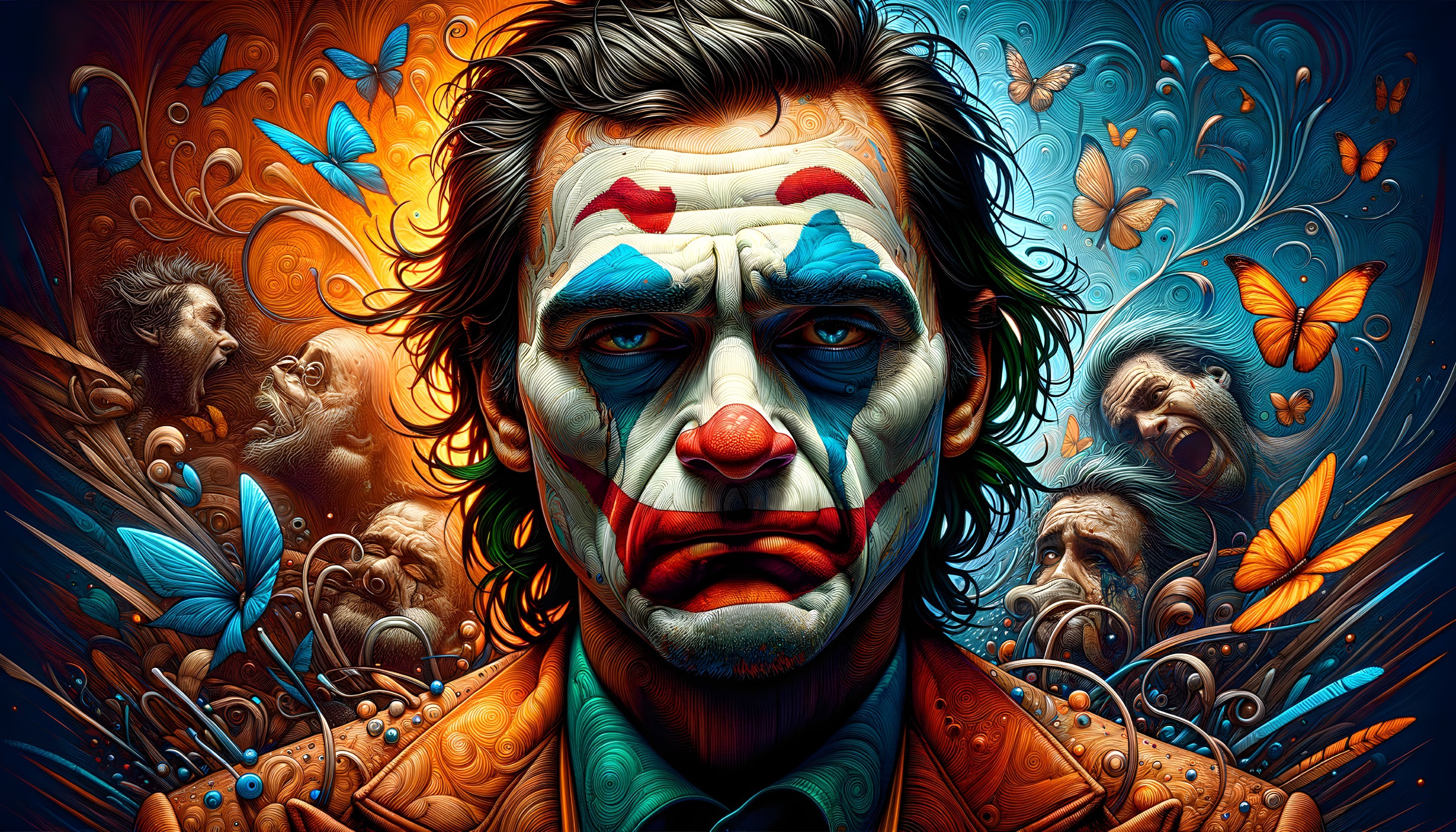 Clown with Vivid Face Paint and Surreal Background