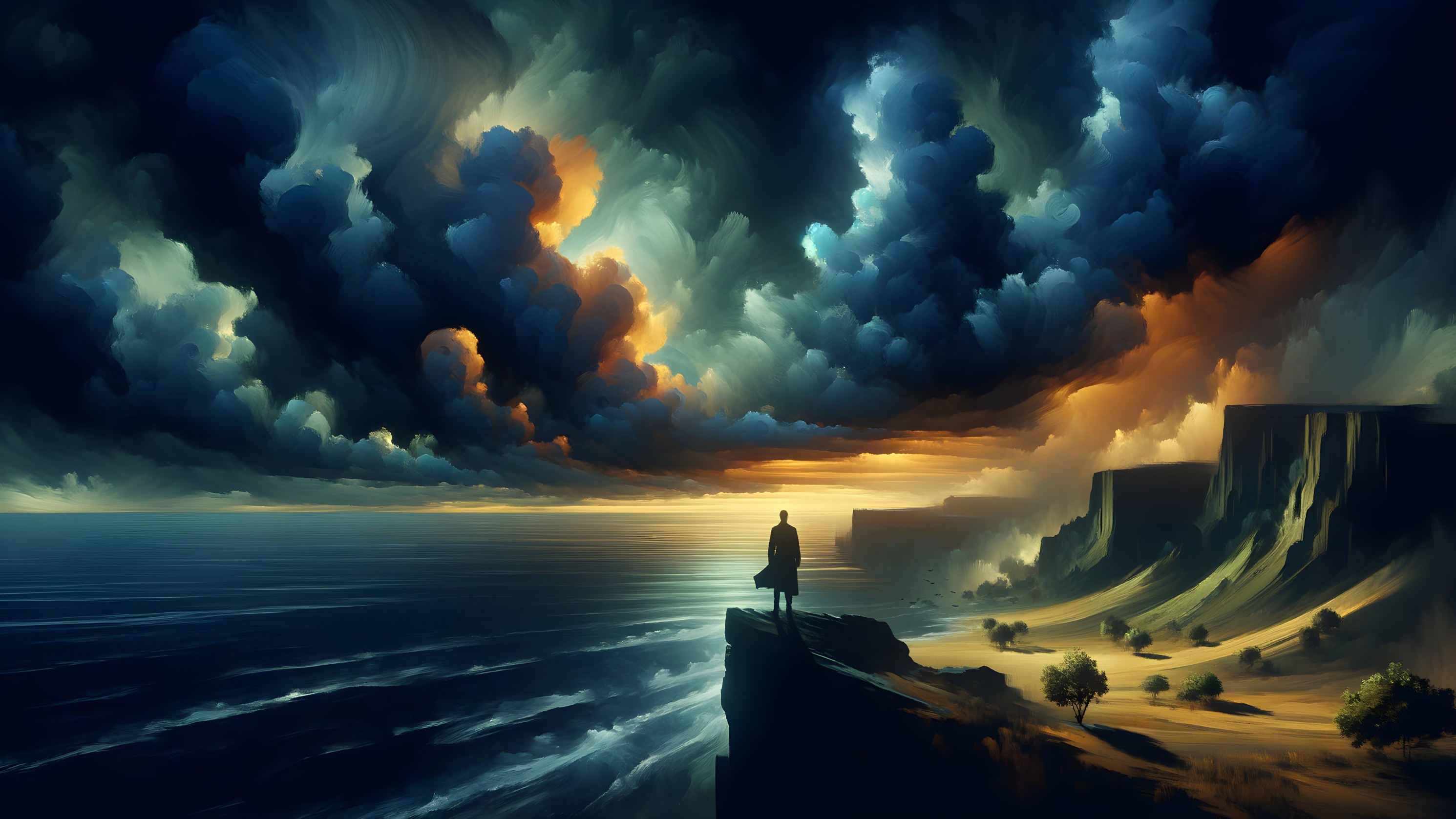 Lone Figure on Cliff Overlooking Turbulent Sea at Dusk