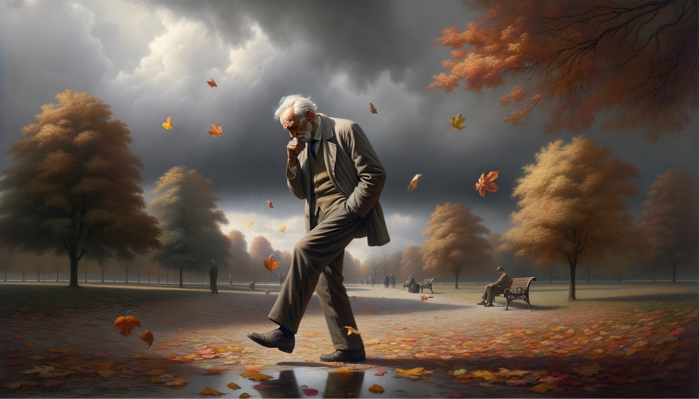 Elderly Man Walking in Autumn Park with Dramatic Clouds