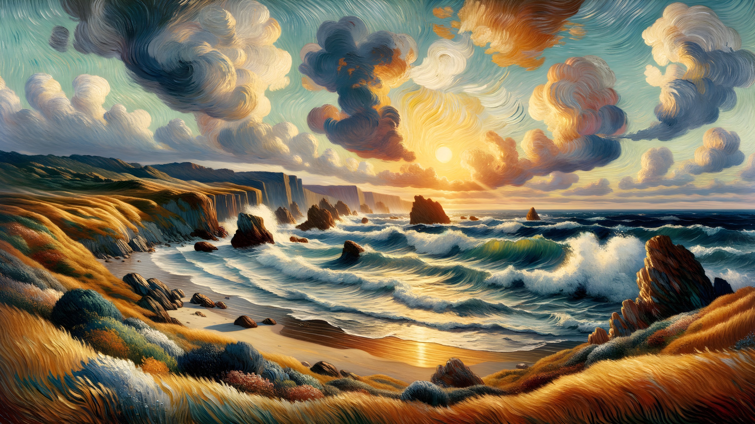 Coastal Landscape with Waves and Dramatic Sunset