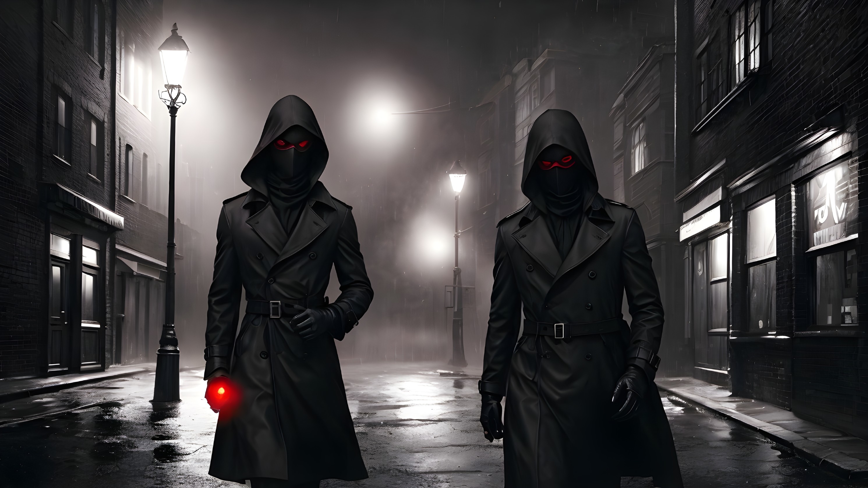 Mysterious Figures in Foggy Urban Alley at Night