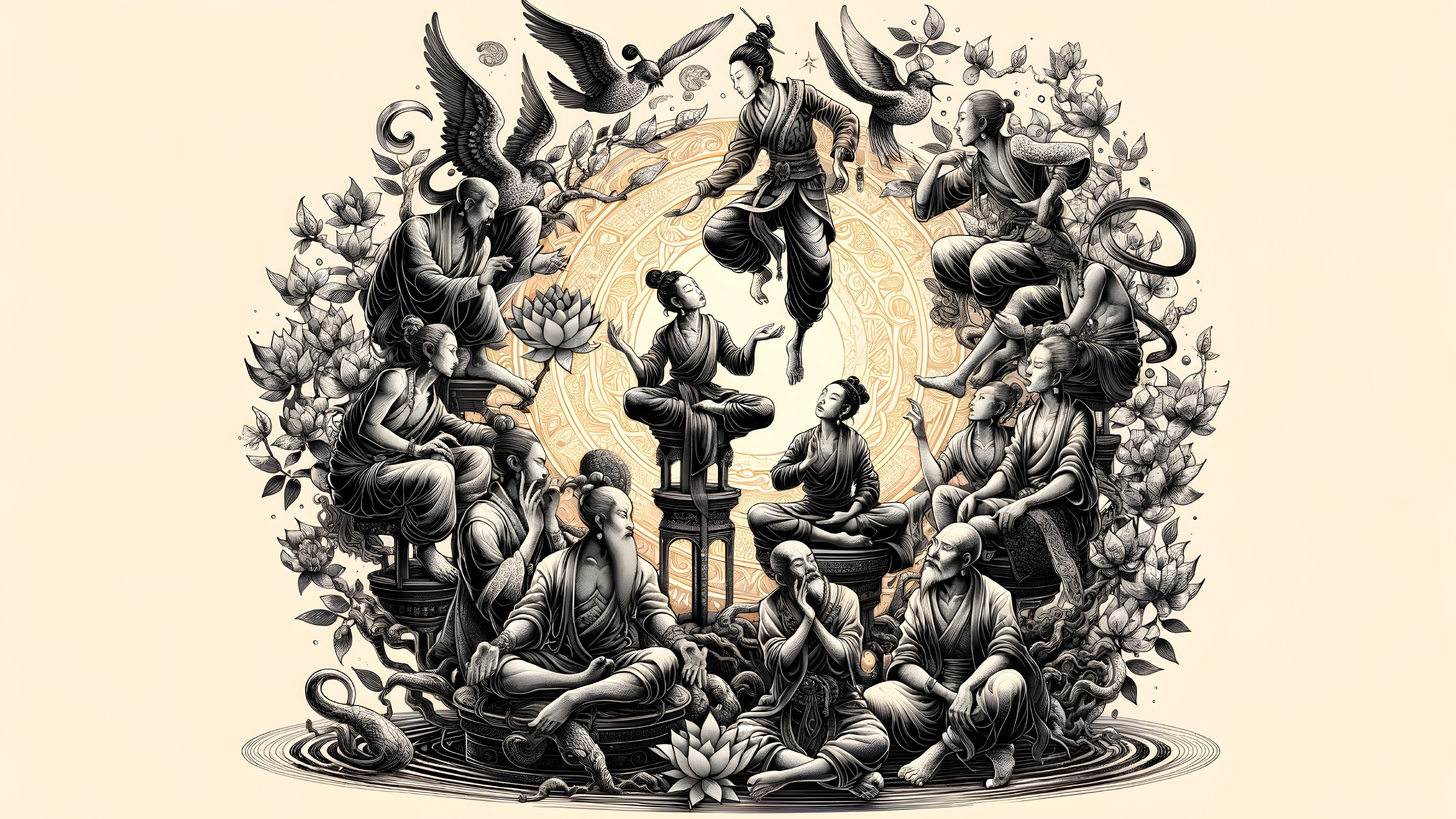 Circular Artwork with Meditative Figures and Symbols