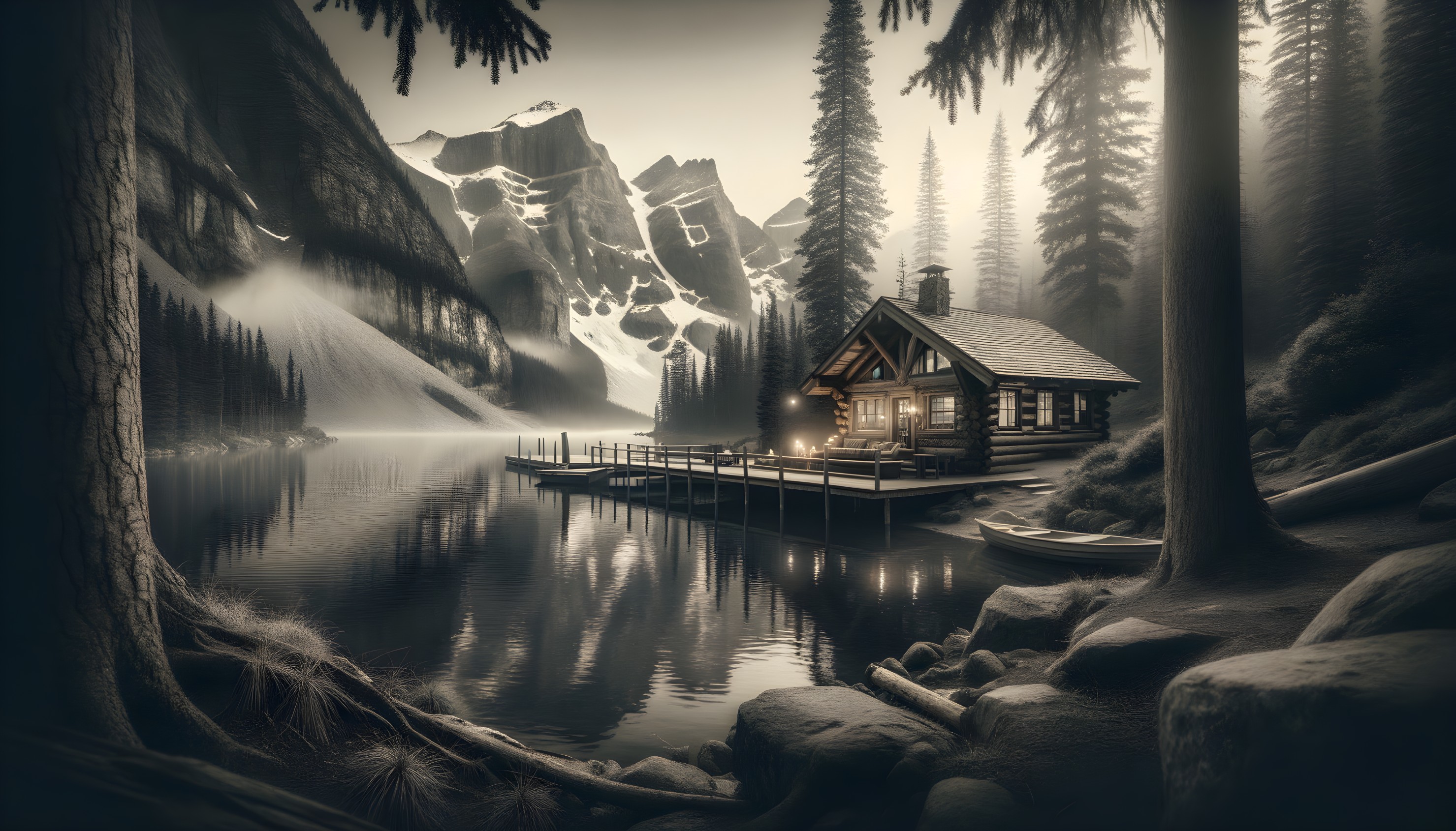 Black-and-white rustic cabin by tranquil lake scene