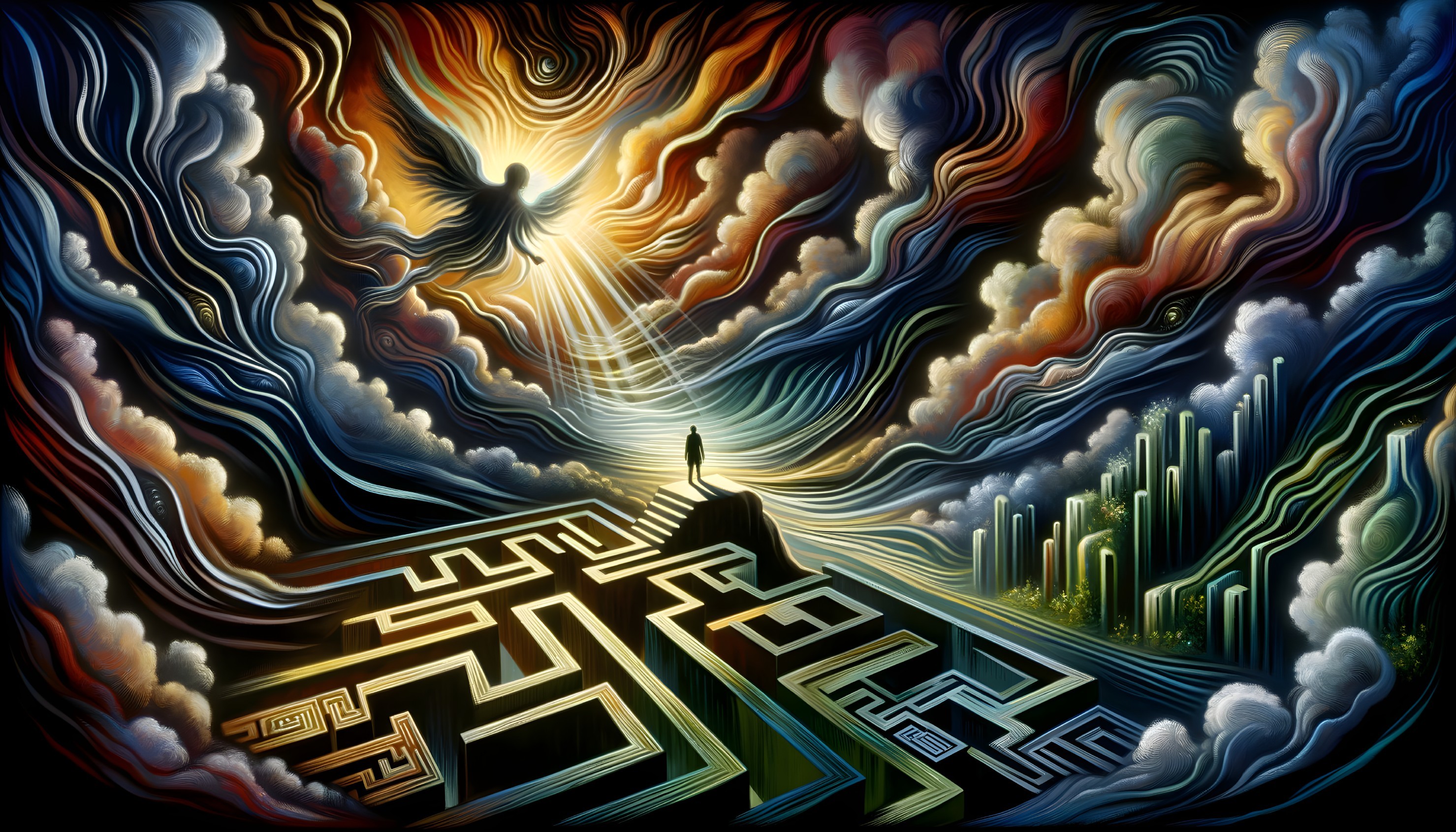 Lone Figure Overlooking Colorful Sky and Labyrinth