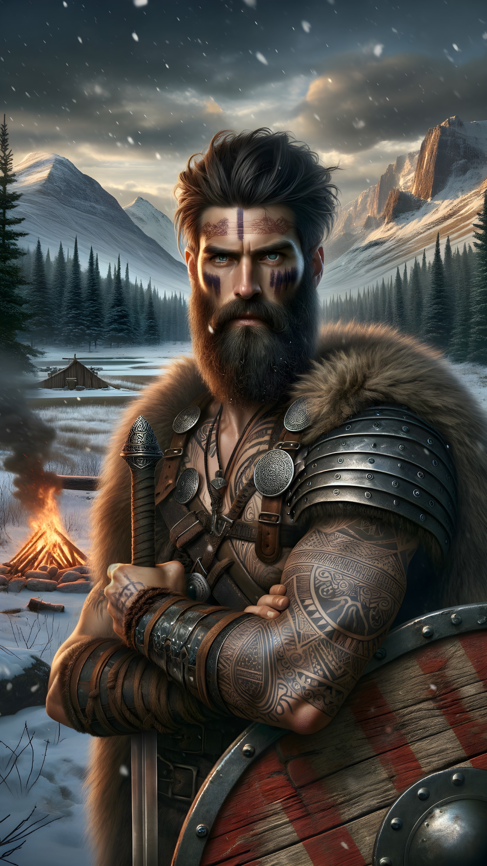 Fierce Warrior in Snowy Landscape with Tribal Armor