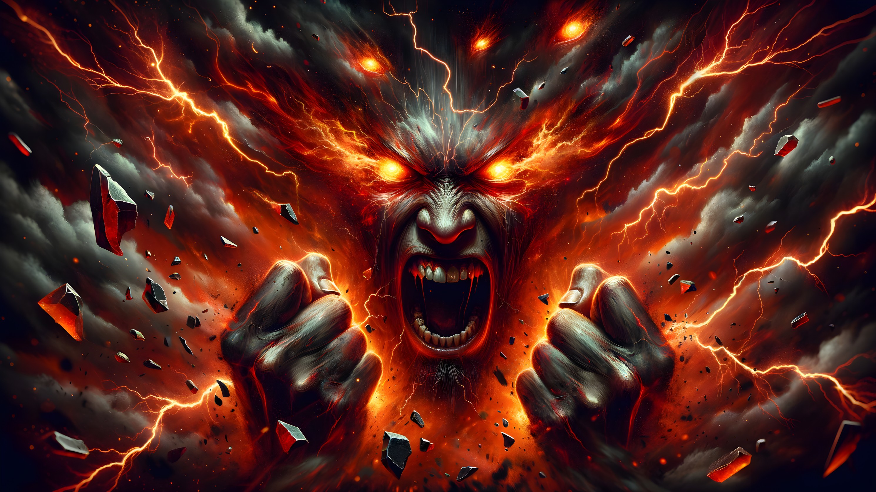 Fierce Erupting Face Amidst Chaos and Lightning