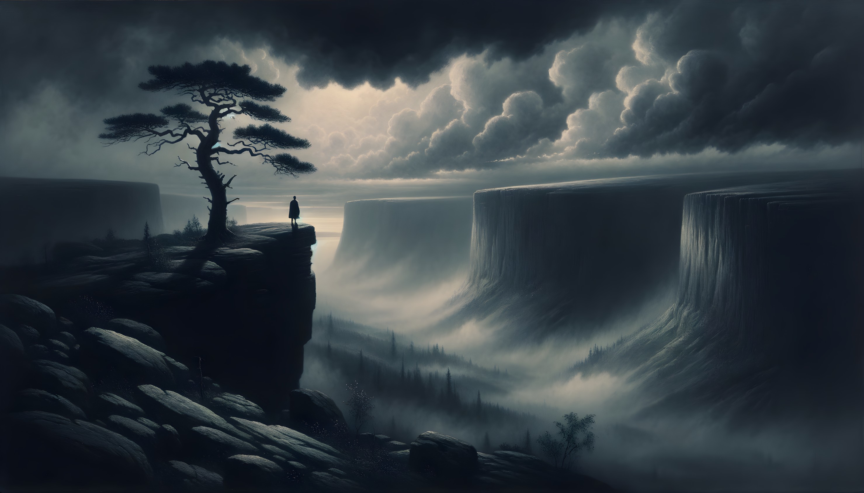 Solitary Figure on Rocky Cliff Overlooking Landscape