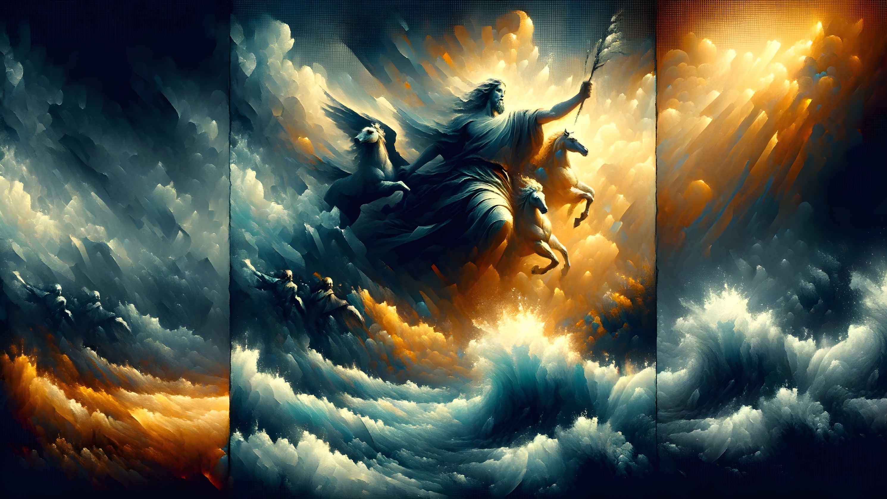 Powerful Figure Riding Waves with Majestic Horses