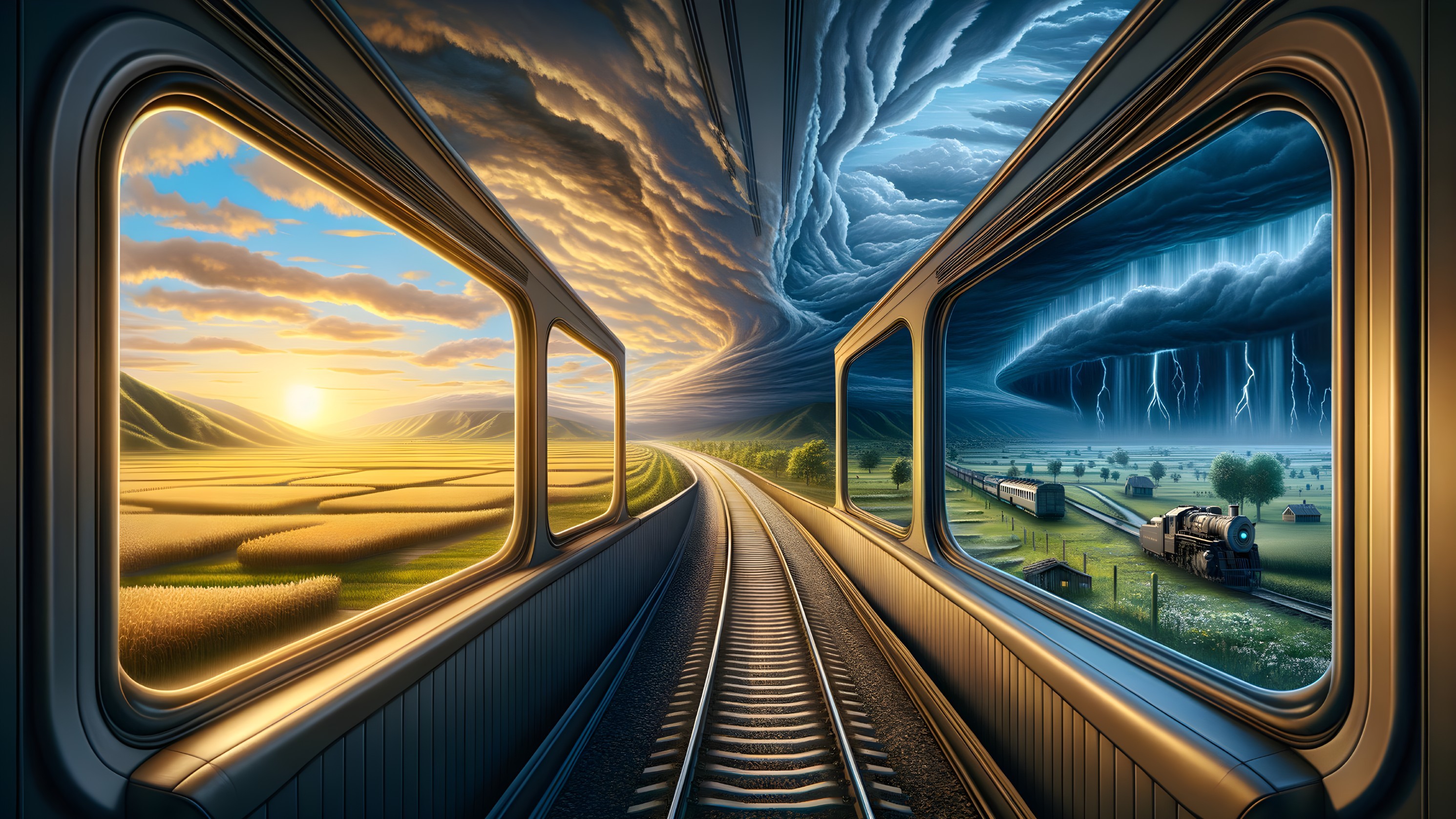 Train Window View of Sunrise and Stormy Landscape