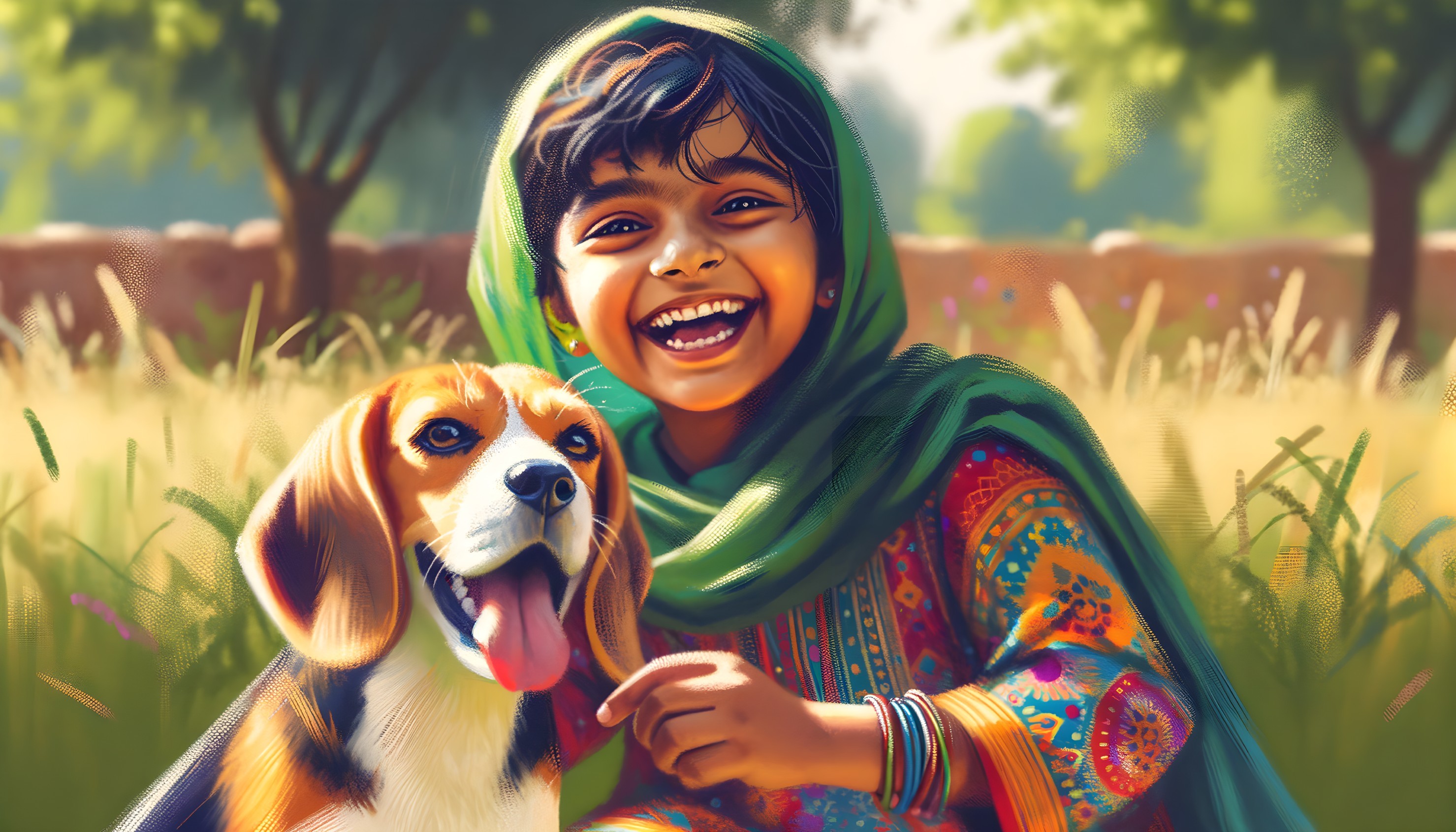Joyful girl in traditional attire with beagle dog