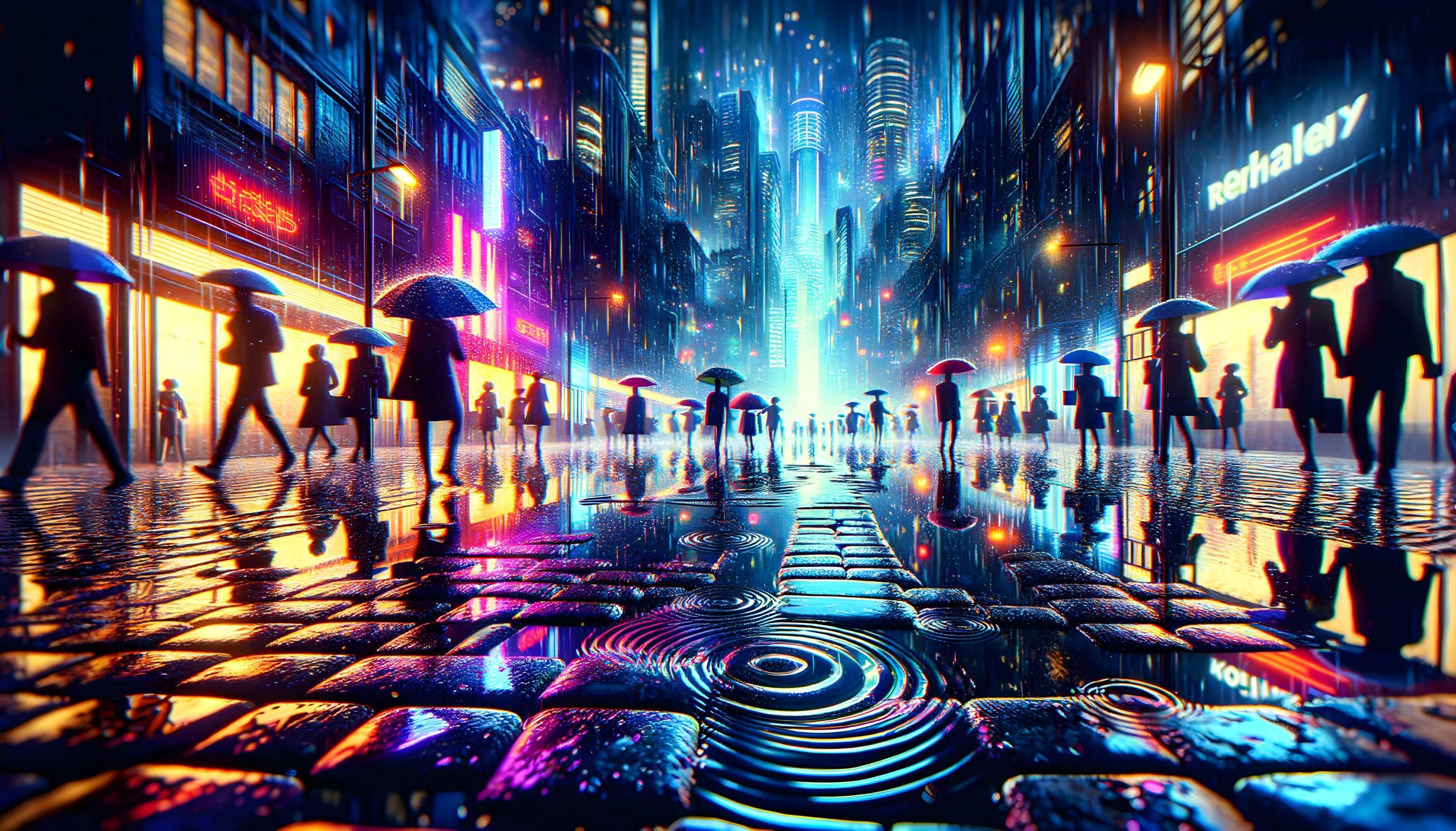 Neon Rain: Urban Reflections