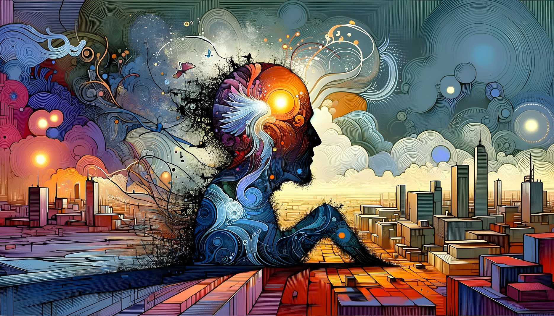 Abstract Human Head Silhouette with Colorful Patterns