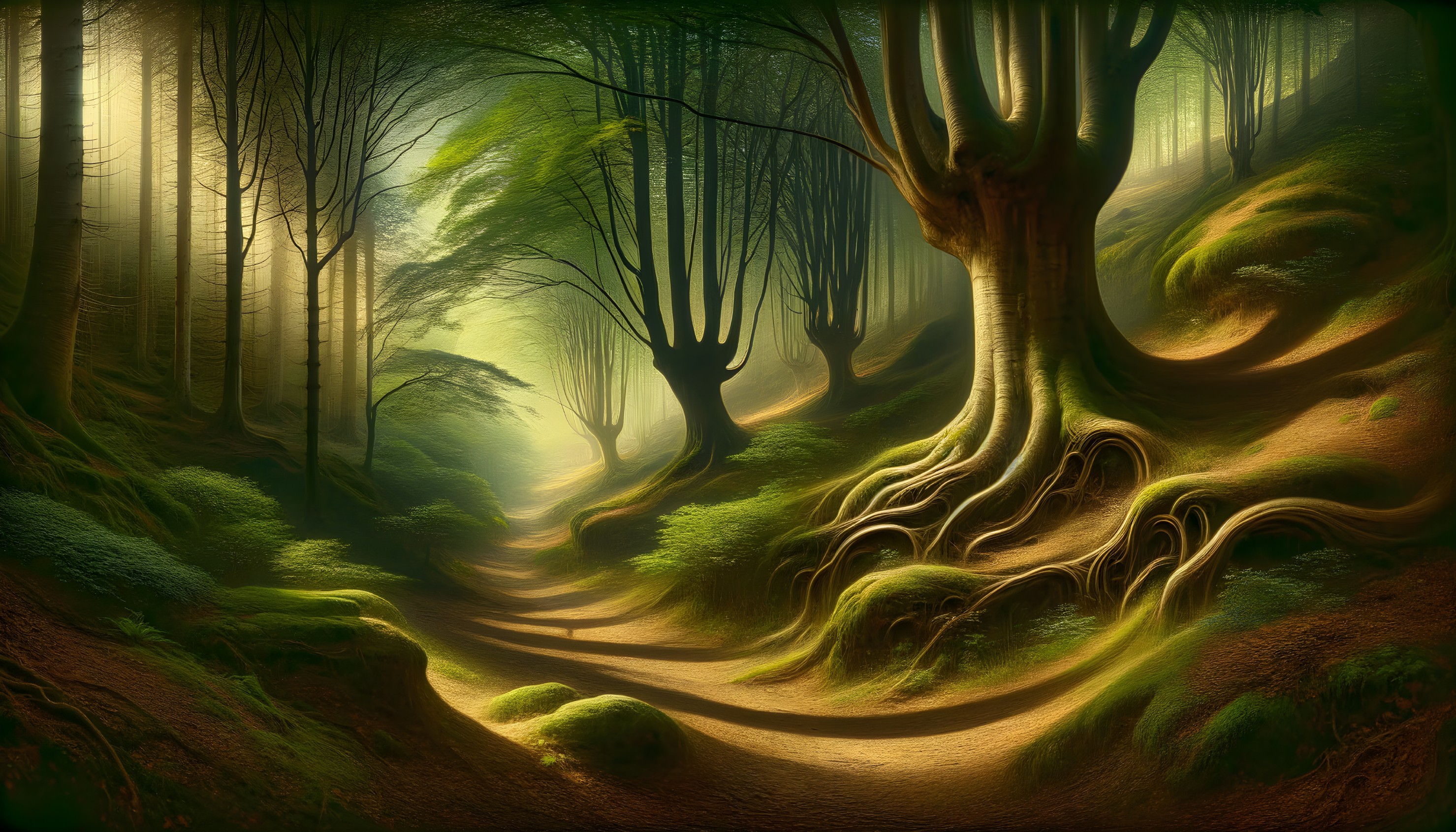 Serene Forest Pathway Surrounded by Towering Trees