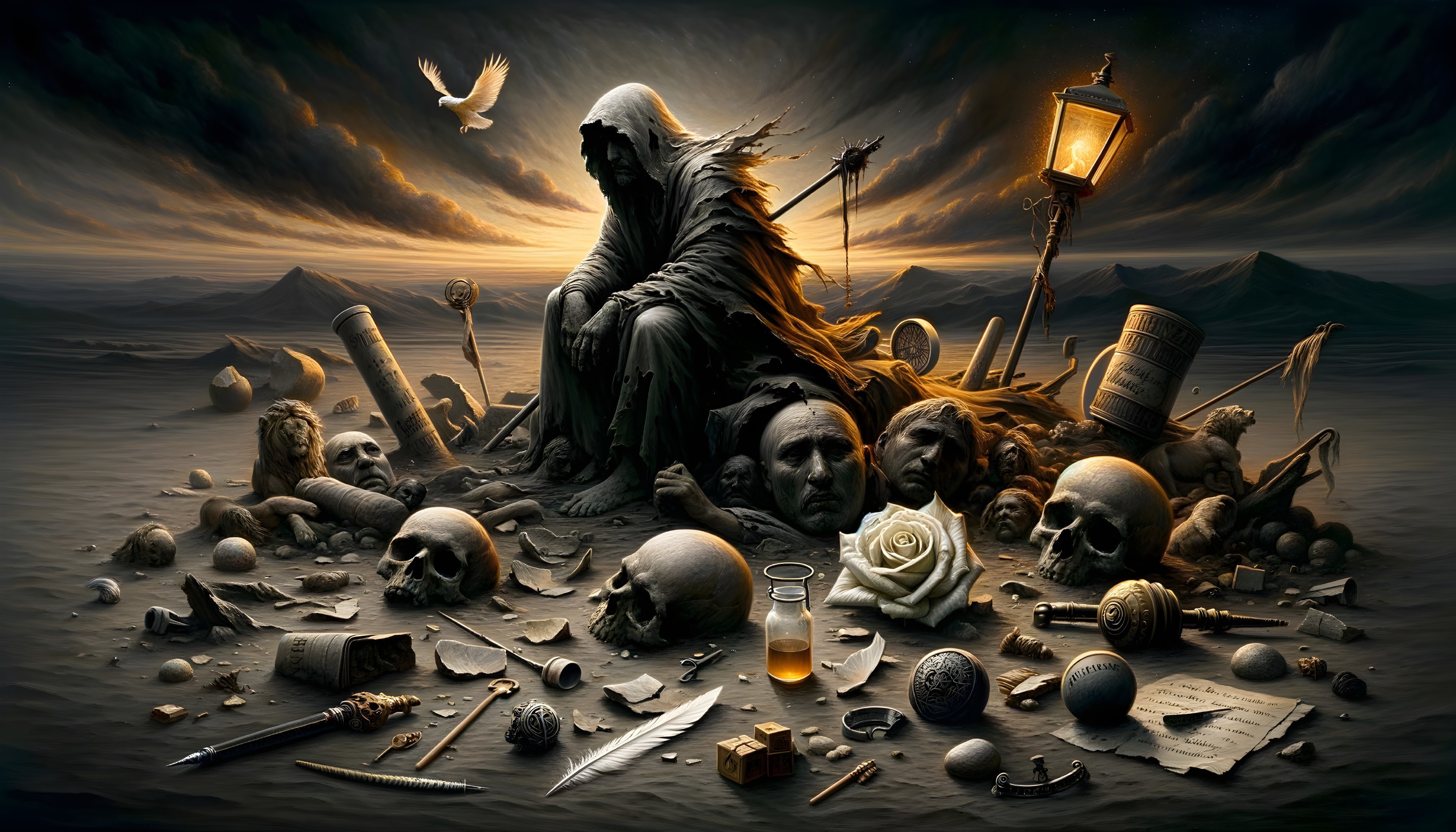Surreal Landscape with Cloaked Figure and Skulls