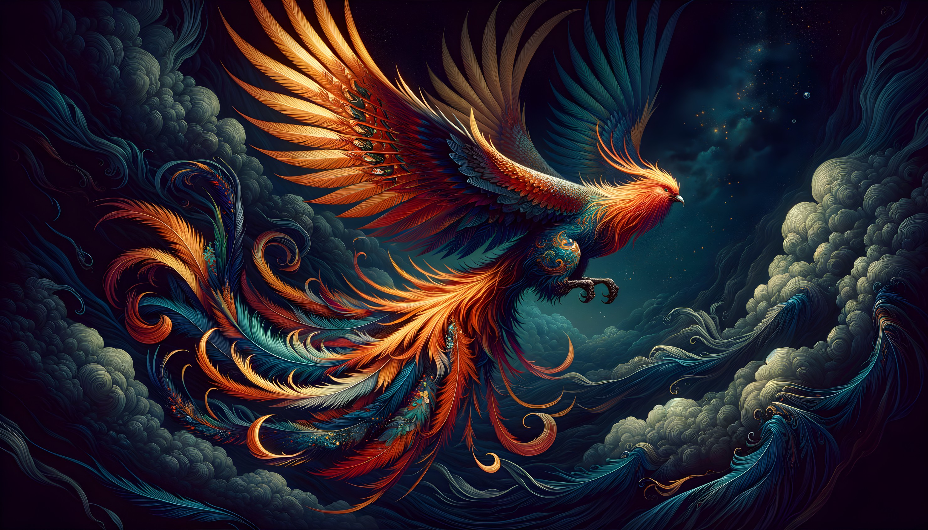 Majestic Phoenix in Dramatic Sky with Vibrant Feathers