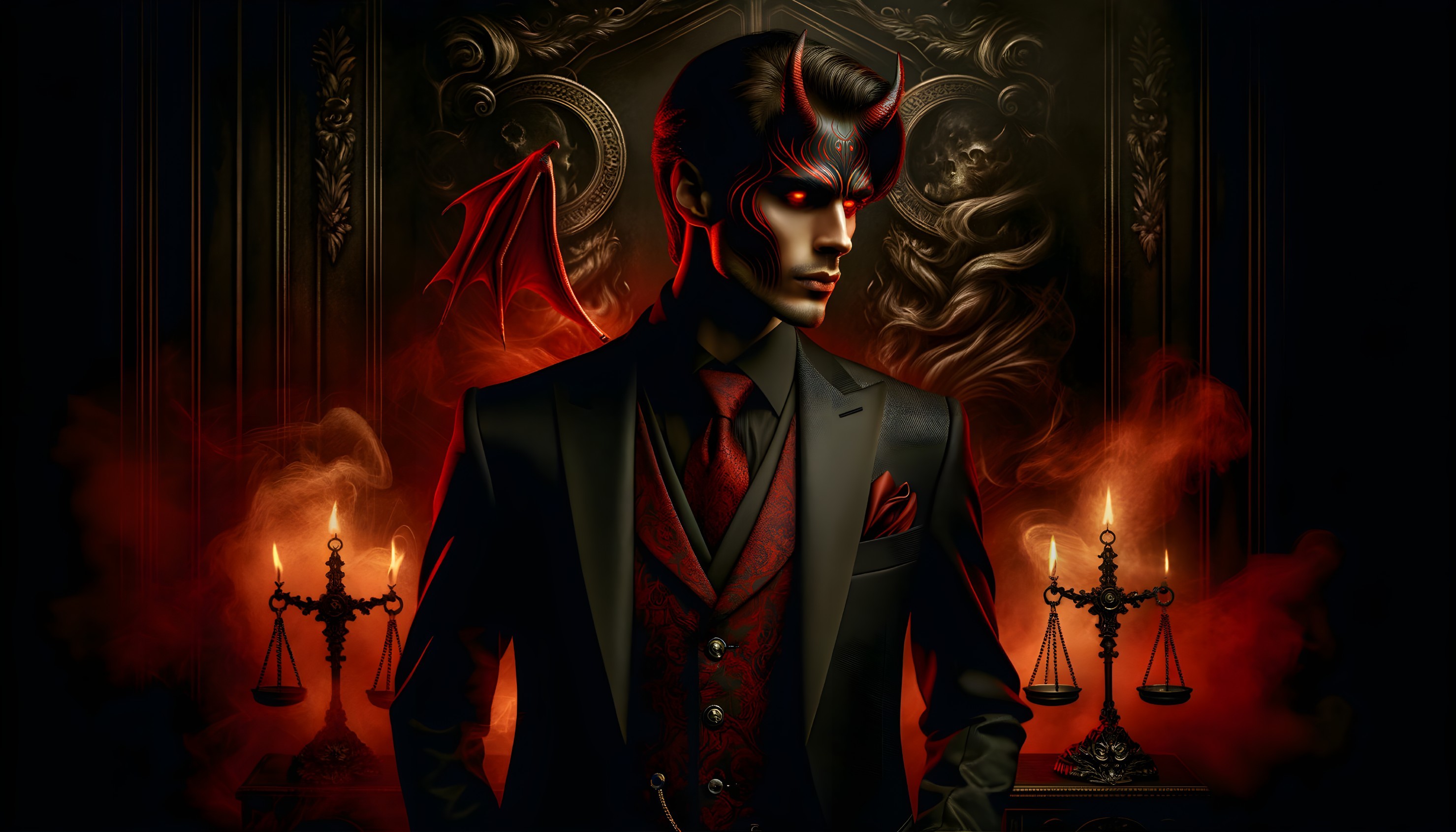 Mysterious Figure in Black Suit with Crimson Vest