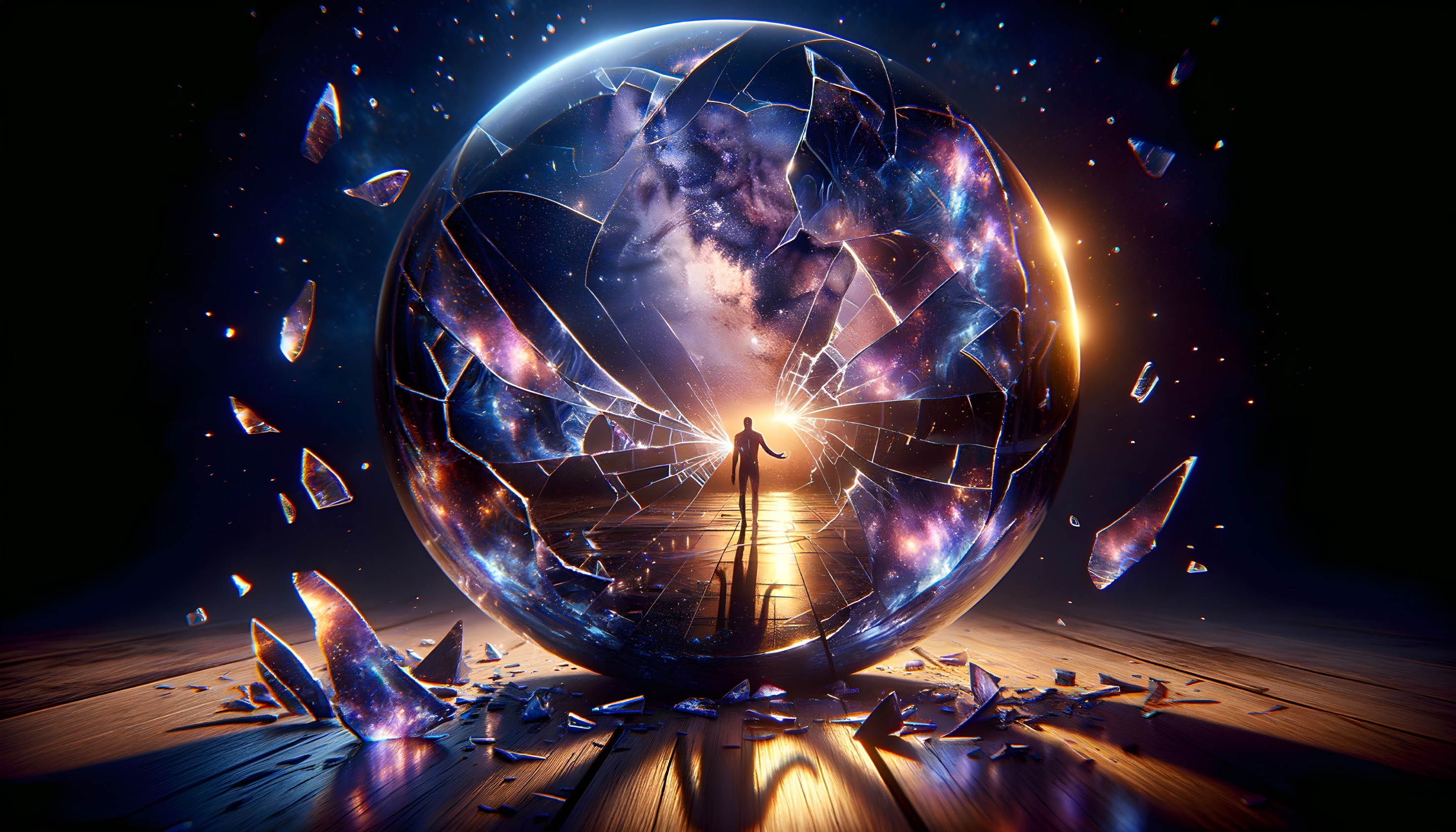 Shattered Glass Sphere Reflecting Cosmic Scene