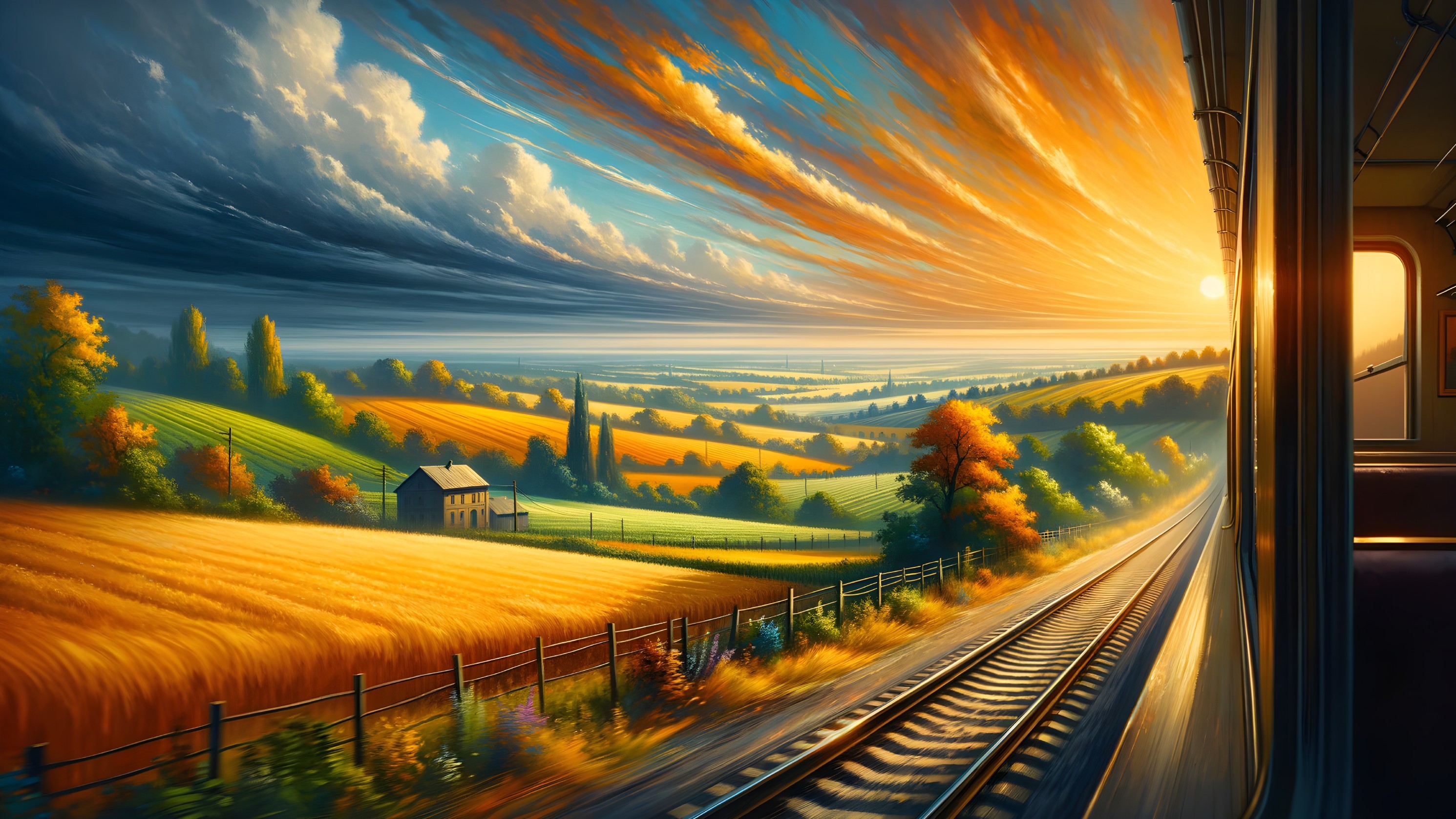 Vibrant Train Window View of Serene Countryside Landscape