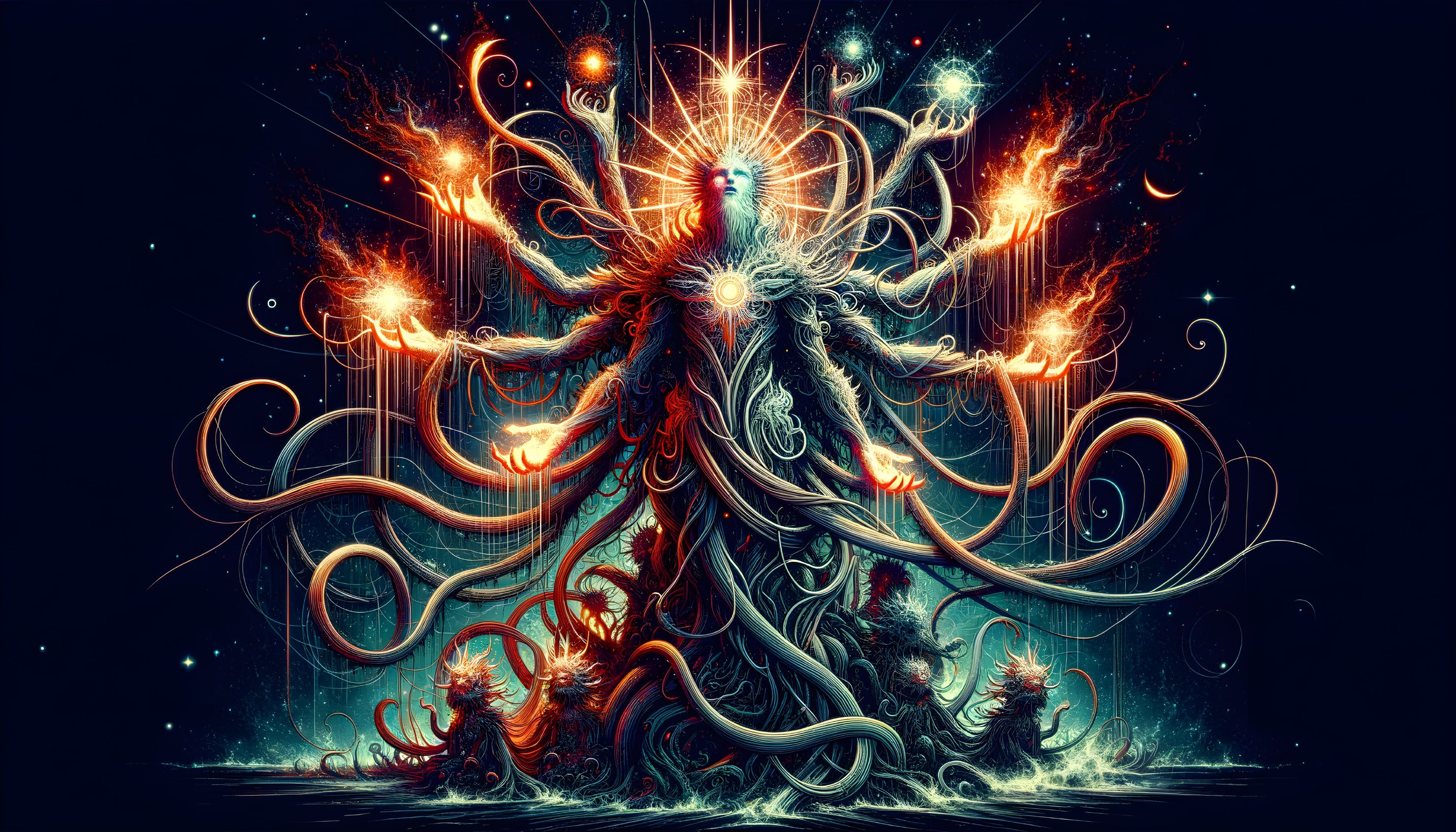 Ethereal Being in Cosmic Backdrop with Vibrant Flames
