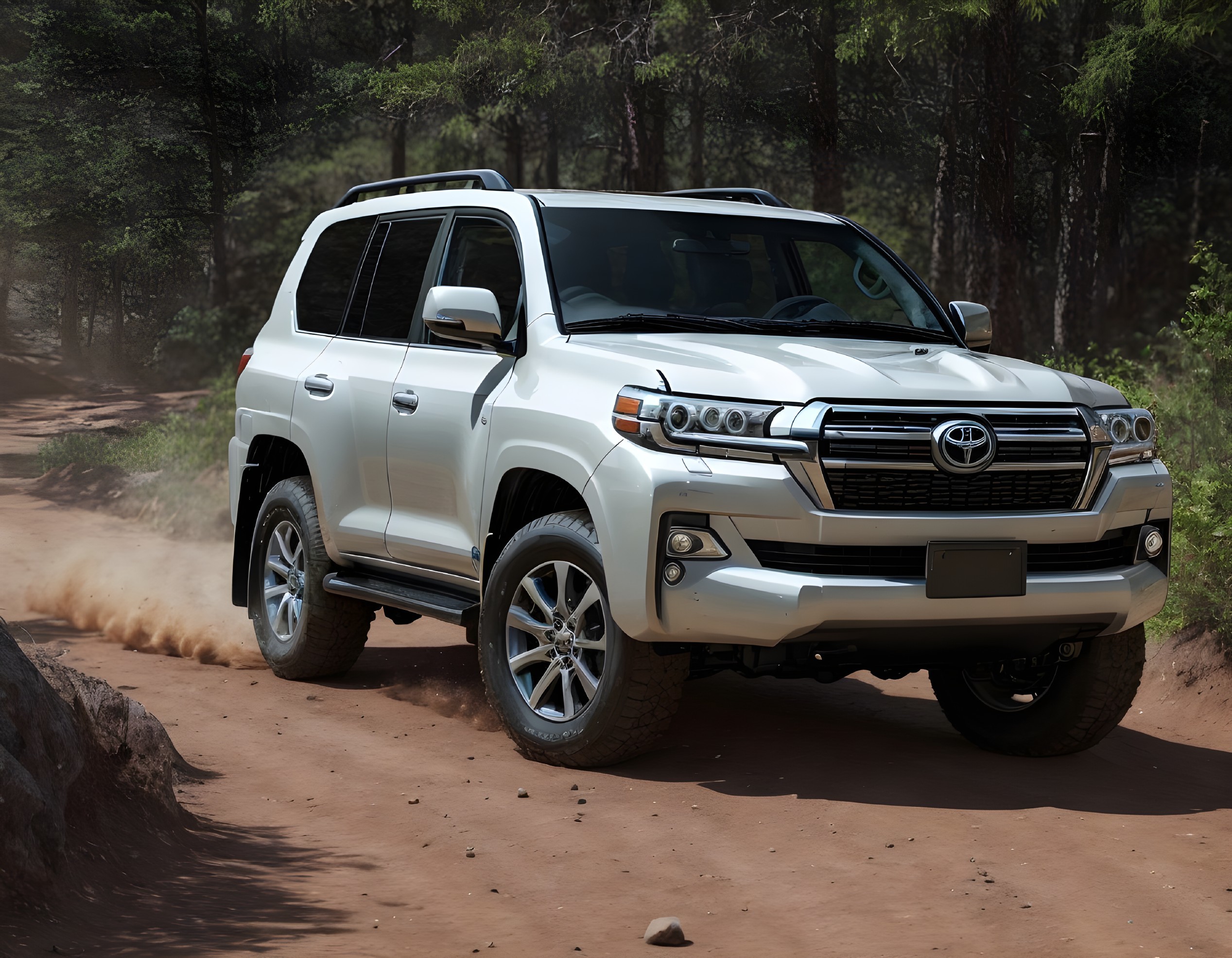 White Toyota Land Cruiser on Dusty Off-Road Trail