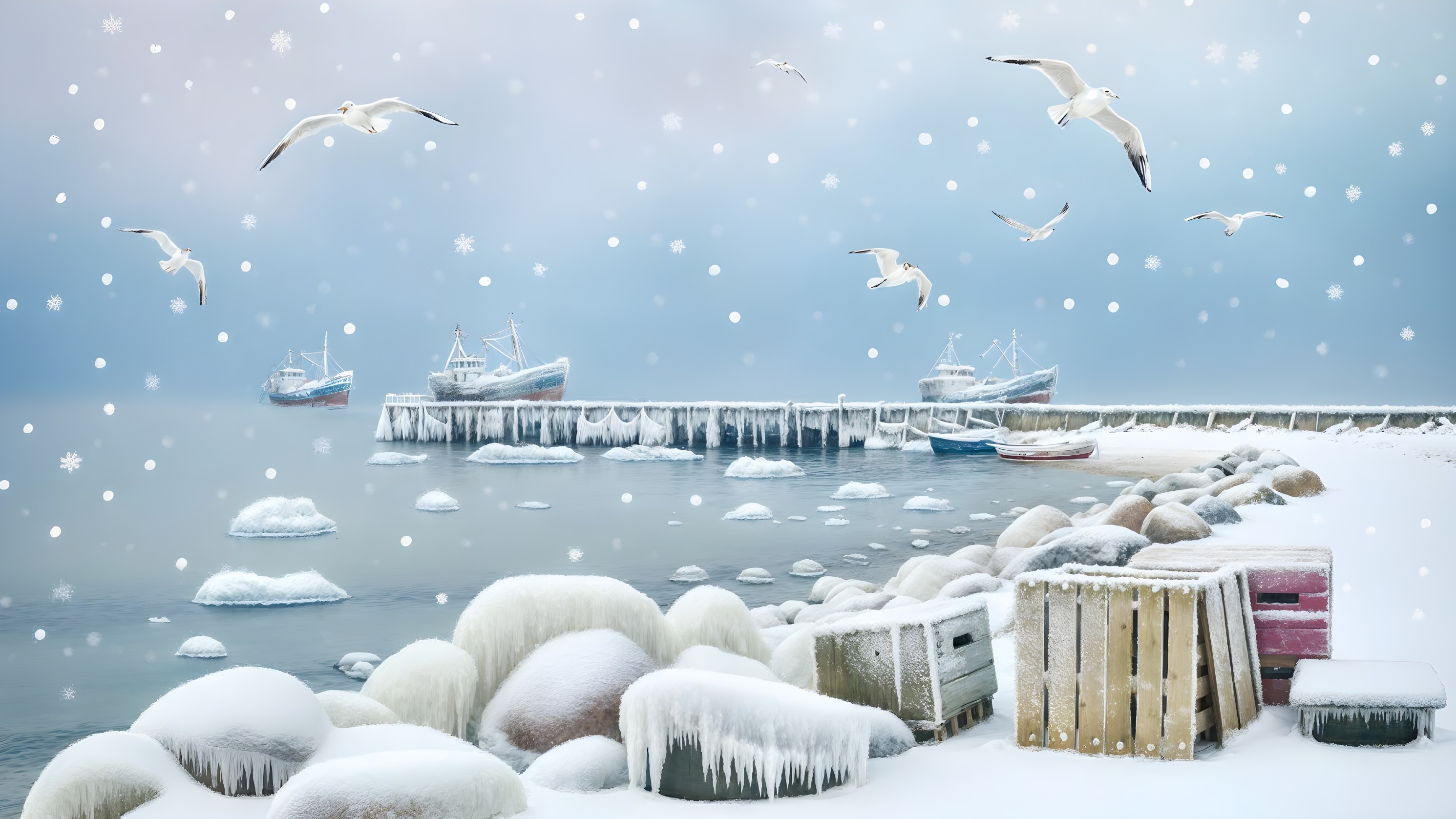 Serene Winter Scene with Frozen Shoreline and Boats