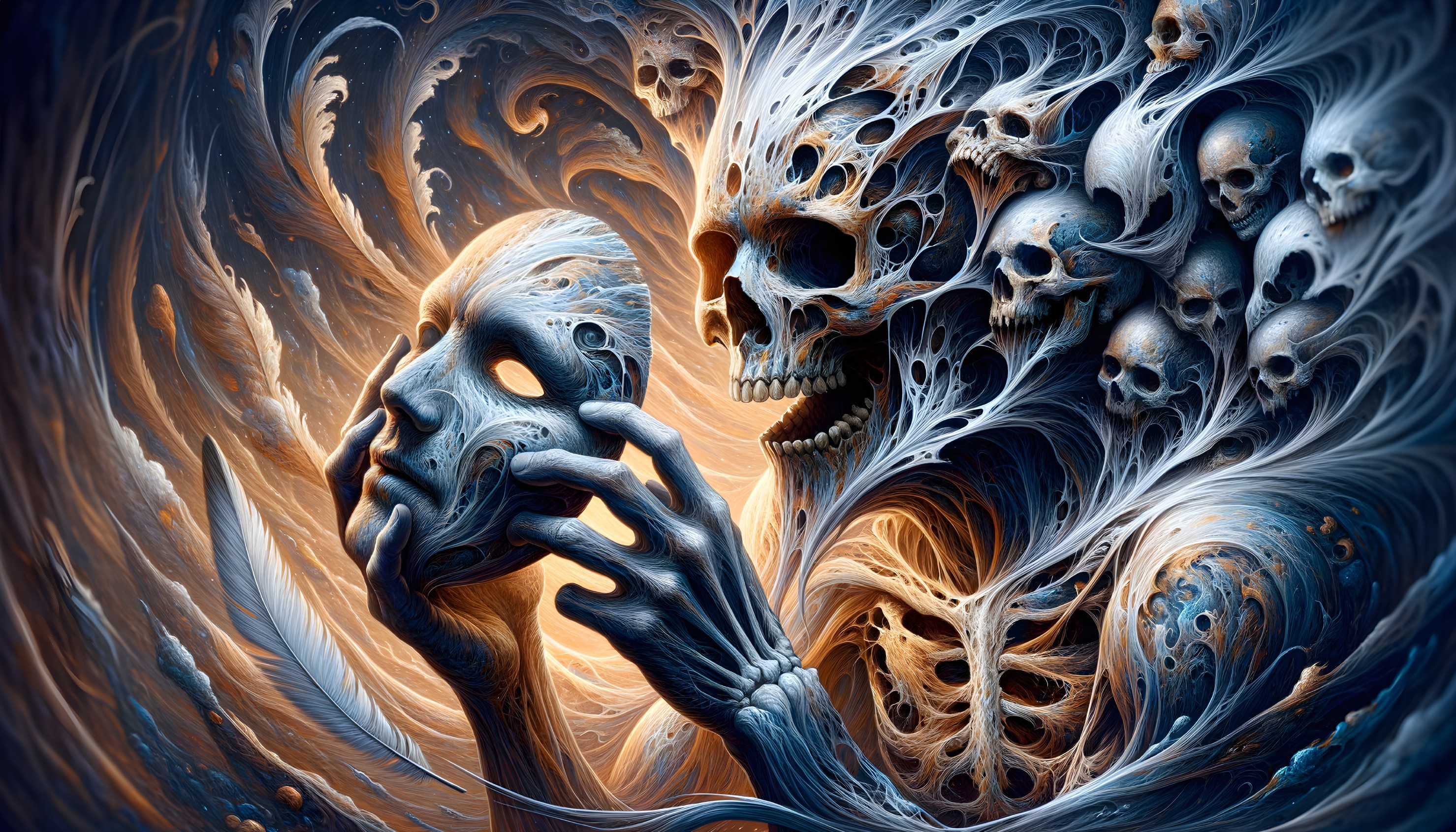 Skeletal Figure with Mask in Ethereal Patterns