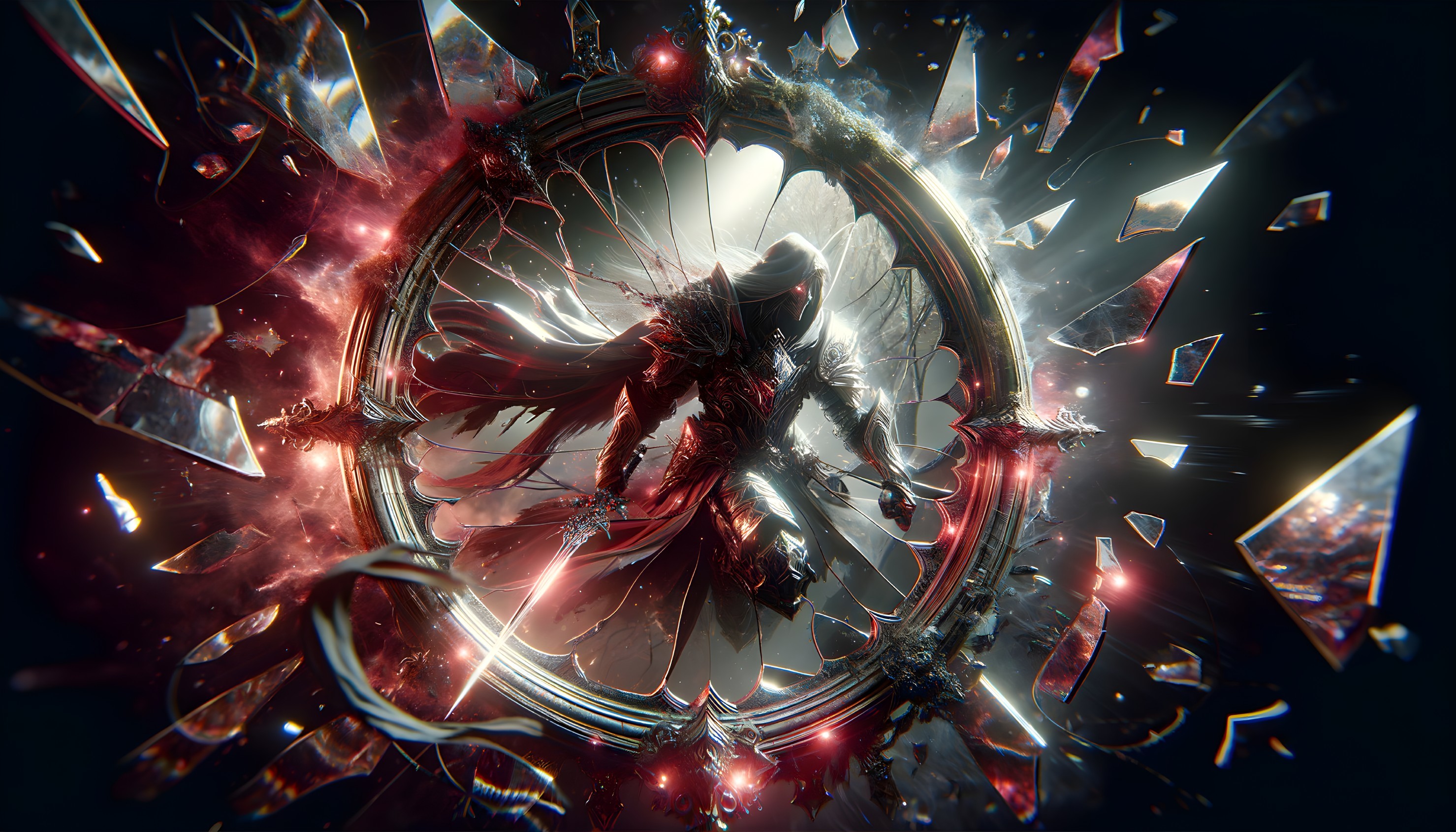Mystical Figure in Shattered Mirror Surrounded by Chaos