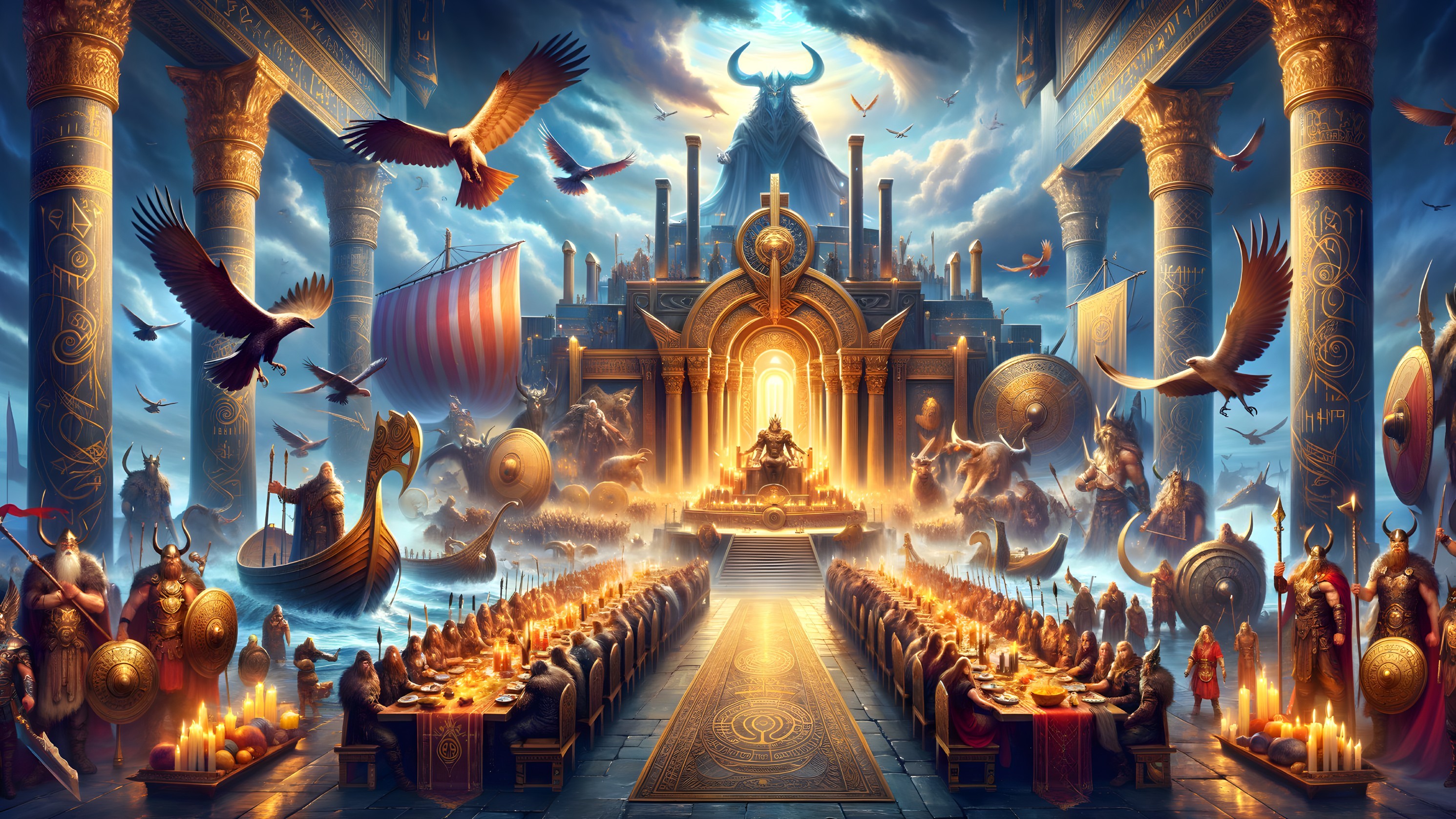 Majestic Hall with Warriors and Vikings Feasting