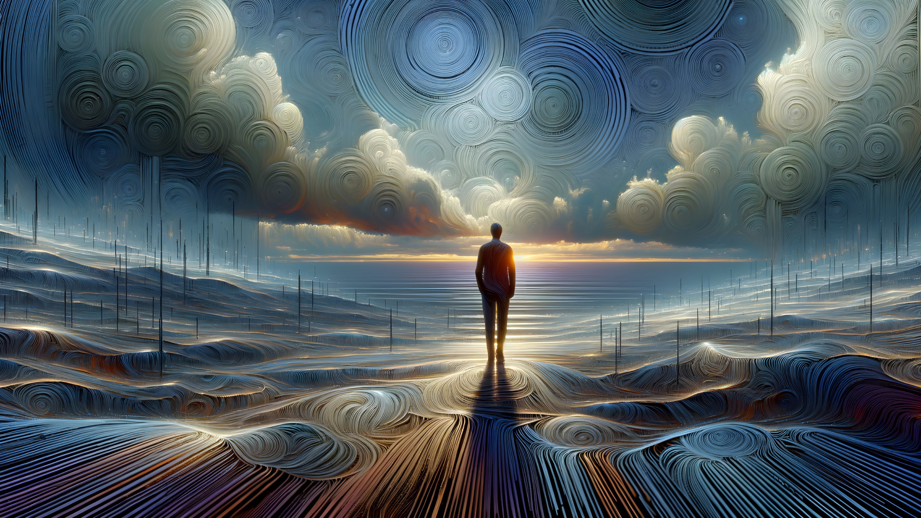 Surreal Landscape with Figure at Sea and Sky Horizon