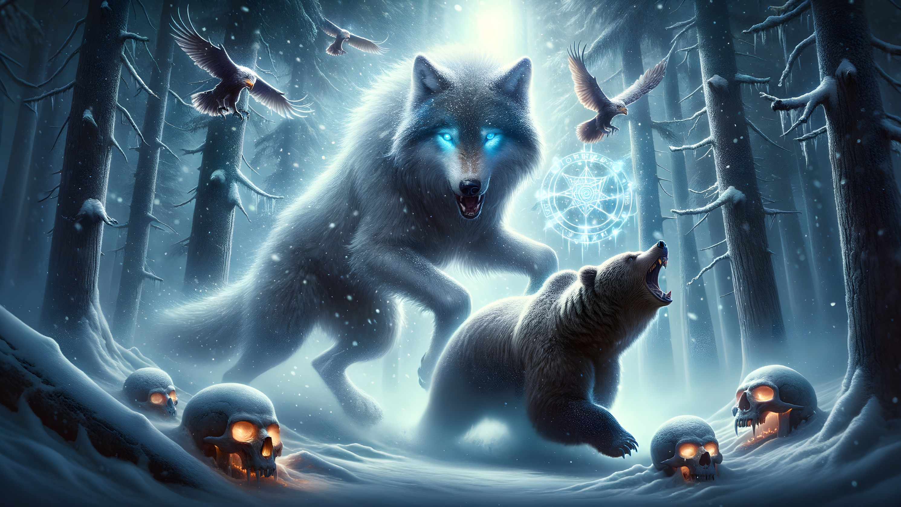 Mystical Forest Encounter: Wolf, Bear, and Skulls